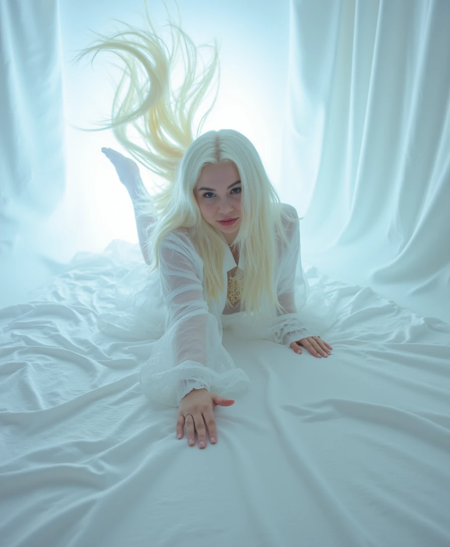 A glowing, ethereal white room. Luna with icy blonde hair, floats on silk sheets, fog curling around her. She wears a flowing sheer robe, hair fanned around her like a goddess in a dream. Her hand reaches toward the viewer, inviting surrender. The light behind her pulses like a heartbeat.
