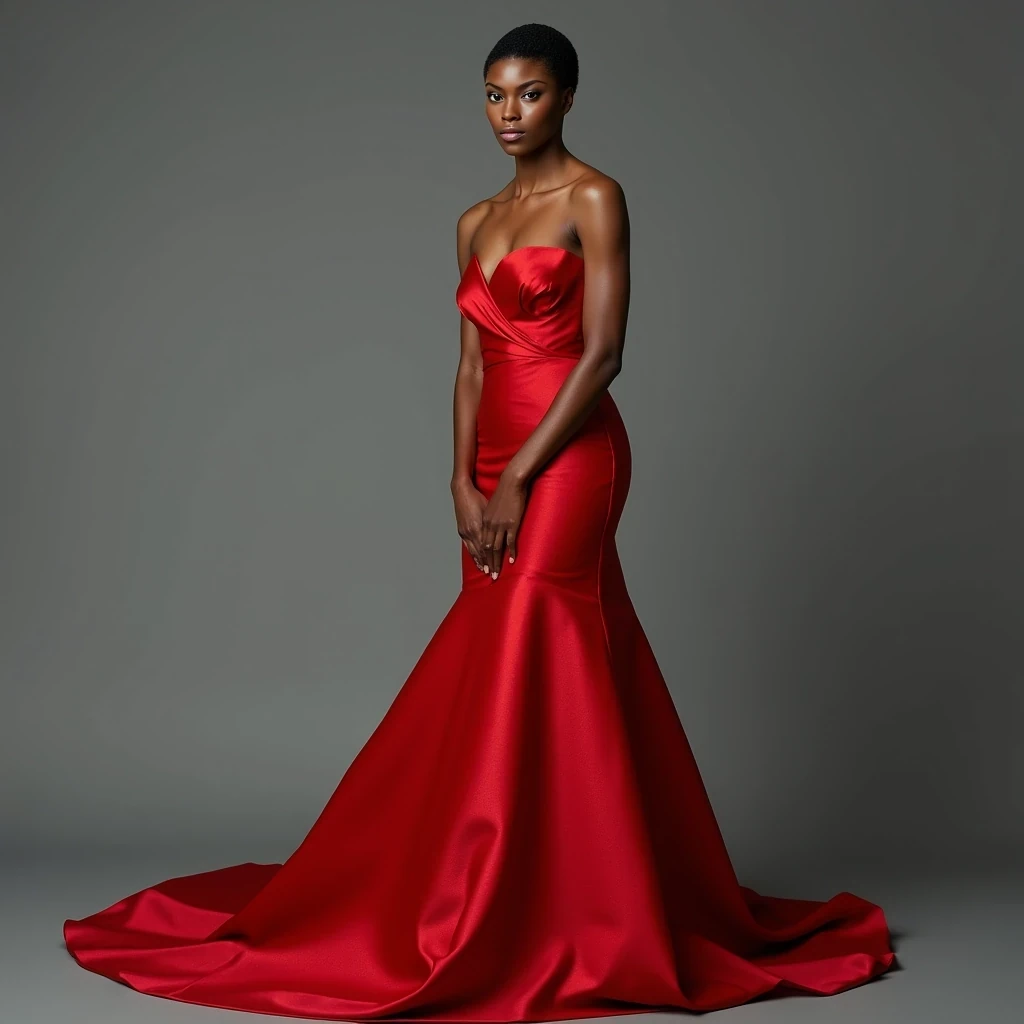 Vogue Cover
Shot on Hasselblad H6D-100c, 80mm f/2.8, ISO 50, 1/125 sec. Medium shot of statuesque supermodel with light olive brown skin, 5'11" height, sculpted cheekbones, and almond-shaped eyes. Wearing Valentino haute couture gown in scarlet silk. Skin texture shows microscopic detail: refined pores, slight golden undertone, ethereal glass-like finish from expert skin prep. Key light: 72-inch Broncolor Para with silk diffusion at f/16, creating luminous wrap-around light that accentuates bone structure. Background: seamless grey at f/22, gradient lighting. Model poses with signature elongated neck, slight profile, channeling Iman's classic stance. CSTMDL