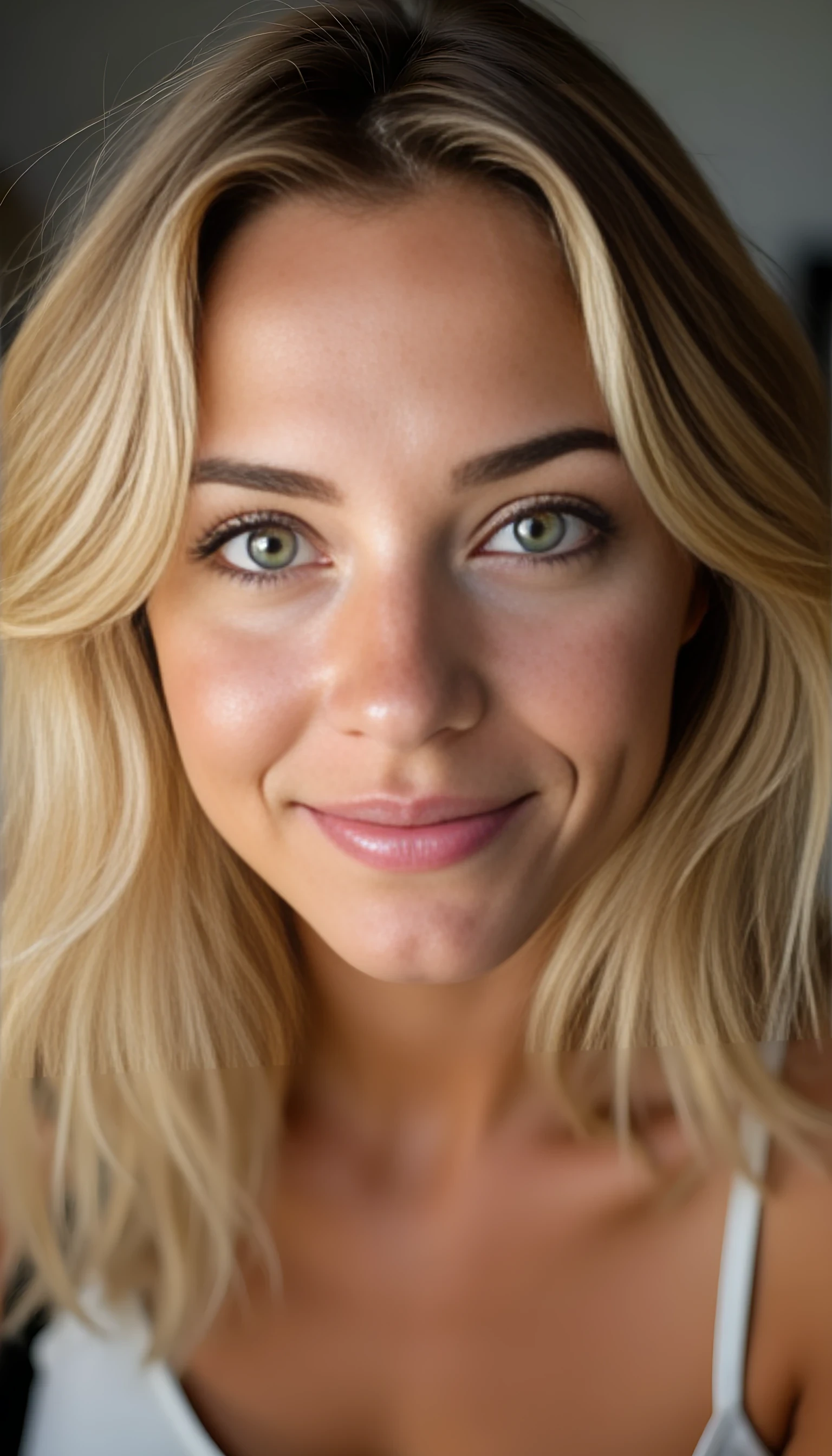 A portrait photo of a beautiful 21 years old model, mixed ethnicity of half white American half Brazilian, with golden blonde hair, hazel green eyes, ultra detailed eyes with sharp iris reflections, slight smile, studio-quality, extremely realistic HD