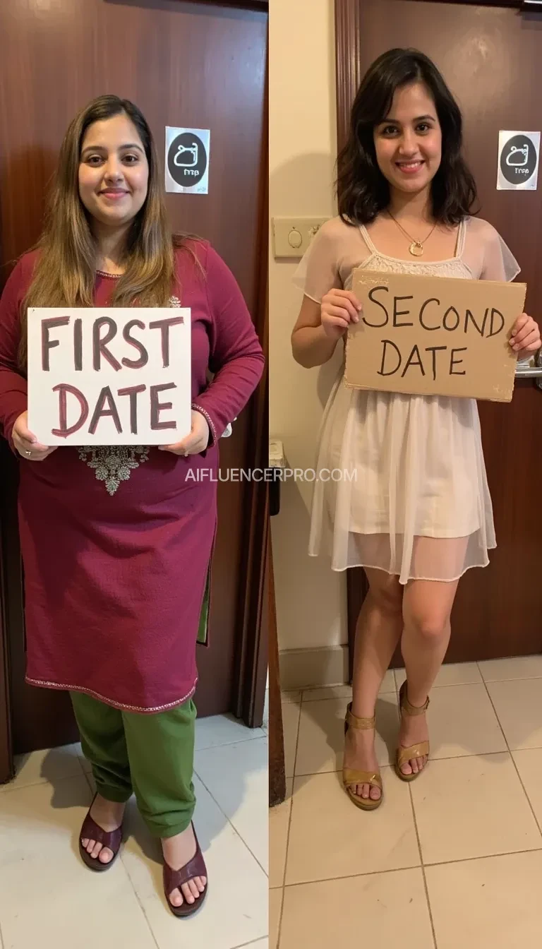 side-by-side four pictures of a young Indian, chubby, woman, muslim, hijab, standing in front of an bathroom door at a restaurant. On the first picture on the left she wears a salwar, and holds a handmade sign with text "FIRST DATE". On the second picture in the middle she wears a transparent dress, see-thru dress, and holds a handmade sign with text "SECOND DATE". On the third picture on the right she is completely naked, nude, and holds a handmade sign with text "THIRD DATE".