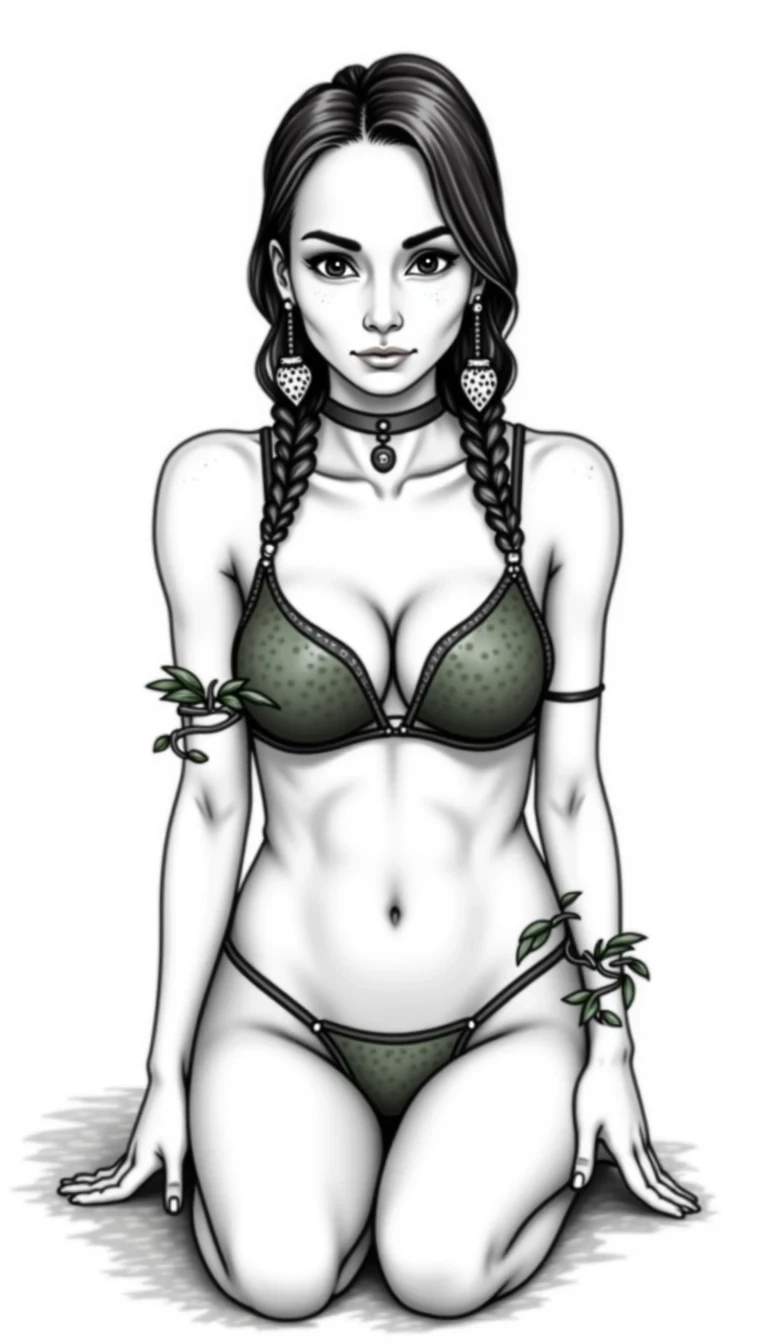 Handdrawn black and white ink line art of CSTMDL ... a 25-year-old native American woman. The woman who is Native American in appearance has light tan skin tone, she is 5 foot 8 inches tall, small breasts, flat chest, her nipples are small petite and dark skinned with long hard pointy nipple ducts that visiblly poke through her bra. She is wearing her hair in a native American style with 2 long braids. She is wearing real strawberry earrings. She is wearing a wide leather choker with a strawberry hanging from it. She is wearing a top that consists of two real snapping turtle shells shaped like turtle shells with a defined rigid esthetic exterior on the surface in a dark green palette, a turtle shell fitted over each breast, they only cover her nipples, her turtle shells are strung together only in the middle of her chest there are no strings on her shoulders to turn them both into a bra. They look rigid and tough. They are real turtle shells. There are real vines with strawberries hanging from outfit real vines with strawberries on them. The woman has vines and strawberries wrapped loosely around each arm. She is kneeling on the ground with legs spread apart towards the camera. She is maintaining intense eye contact with the camera staring stoically without any other expression at all. The composition captures a casual, candid moment, romantic setting, Hyper realism, captured with a nikon d850, 16k, uhd, ultra-sharp focus, depth of field, perfect meshes and textures, highly detailed, highly accurate reflections, volumetric fog, volumetric lighting, volumetric light, hdr, ray tracing, cinematic shooting style,