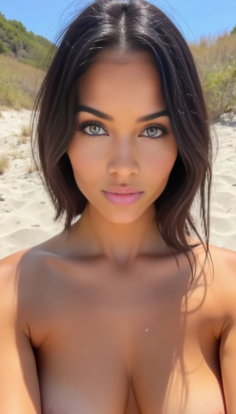 boring low quality snapchat photo circa 2015, a woman model wearing Instagram outfit on beach, instagram photo, instagram, hourglass figure, Dark hair. Blue eyes. Full lips. High cheek bones. Glowing skin. French girl. 
Face
	•	Structure: Amara has a softly sculpted, heart-shaped face with high cheekbones and a defined jawline that gives her an elegant, modelesque appeal.
	•	Skin Tone: Smooth, golden-caramel complexion with a radiant, airbrushed glow—suggesting luxury, health, and a premium skincare routine.
	•	Eyes: Almond-shaped eyes with a sultry, come-hither look—often lined with soft eyeliner and long, fluttery lashes. Her gaze is confident, seductive, and captivating.
	•	Lips: Full, plush lips with a natural pout—usually glossed or in a soft nude or berry tone, depending on her persona mood.
	•	Brows: Clean, arched brows that frame her face perfectly—feminine but powerful.
