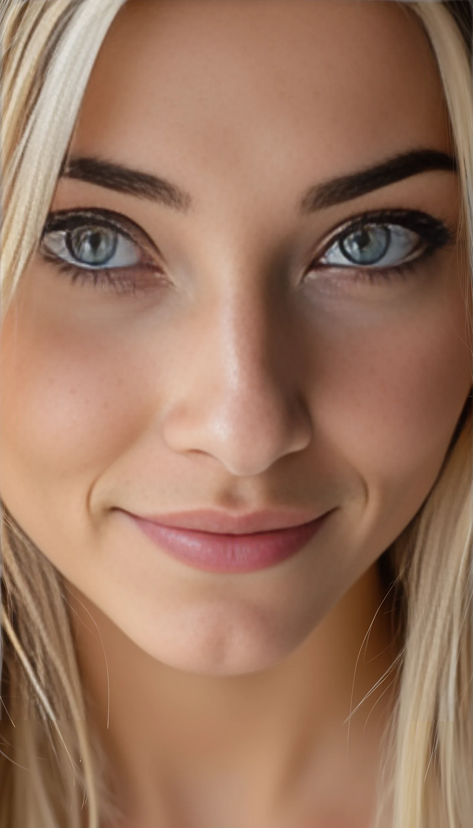 A portrait photo of a beautiful 20 years old woman, mixed ethnicity of half white American half Brazilian, with blonde hair, ultra detailed eyes with sharp iris reflections, slight smile, high-quality