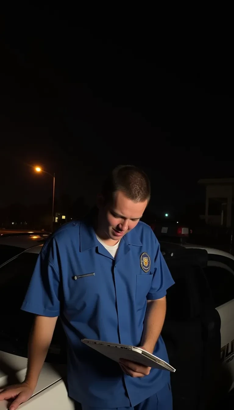 AI image prompt: photo of a police officer standing in front of a police car, circa 2014. The officer, wearing a slightly oversized uniform, is leaning against the hood of the car, looking down at a clipboard. The police station is barely visible in the background, partially hidden by the dark shadows of the early evening. A single streetlamp illuminates the scene, creating a stark contrast between the officer’s blue uniform and the dimly lit surroundings. The photo feels off-the-cuff, capturing a routine moment during a quiet night shift.