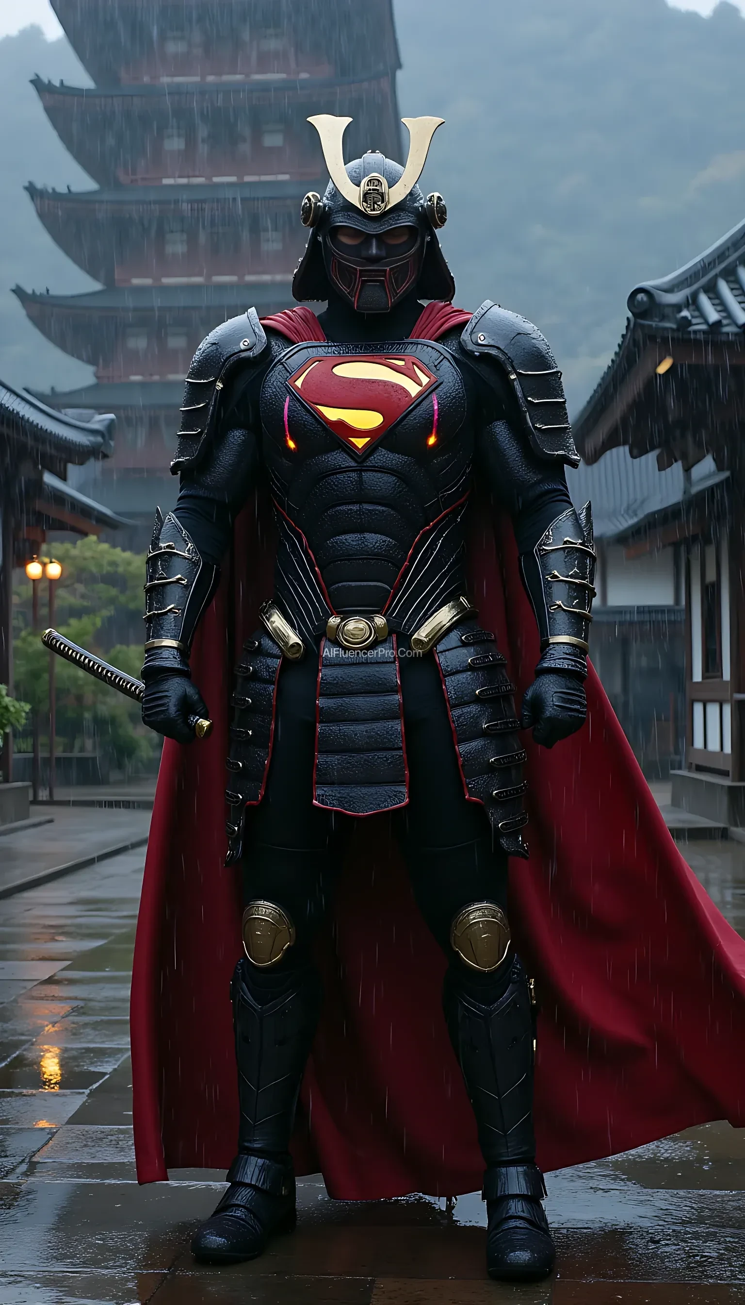 A photorealistic Superman wearing a majestic samurai-inspired suit, combining traditional Japanese armor with futuristic design. The samurai armor features intricate, metallic plating, with glowing accents that emphasize the advanced technology within. The iconic 'S' symbol is subtly integrated into the chest plate, radiating an aura of power. He wears a modernized samurai helmet, its sleek lines dripping with rain as water streams down his armor. Superman grips a katana firmly in one hand, the blade shimmering under the pouring rain, while droplets cascade from its edge. The scene is set in an ancient Japanese temple courtyard during a torrential downpour. Thunder rumbles in the distance, and flashes of lightning briefly illuminate the darkened sky. Puddles form on the stone ground, reflecting the temple's towering silhouette. Superman stands poised, his cape soaked and clinging to his body, as he prepares for an intense battle amidst the dramatic, rain-soaked atmosphere.