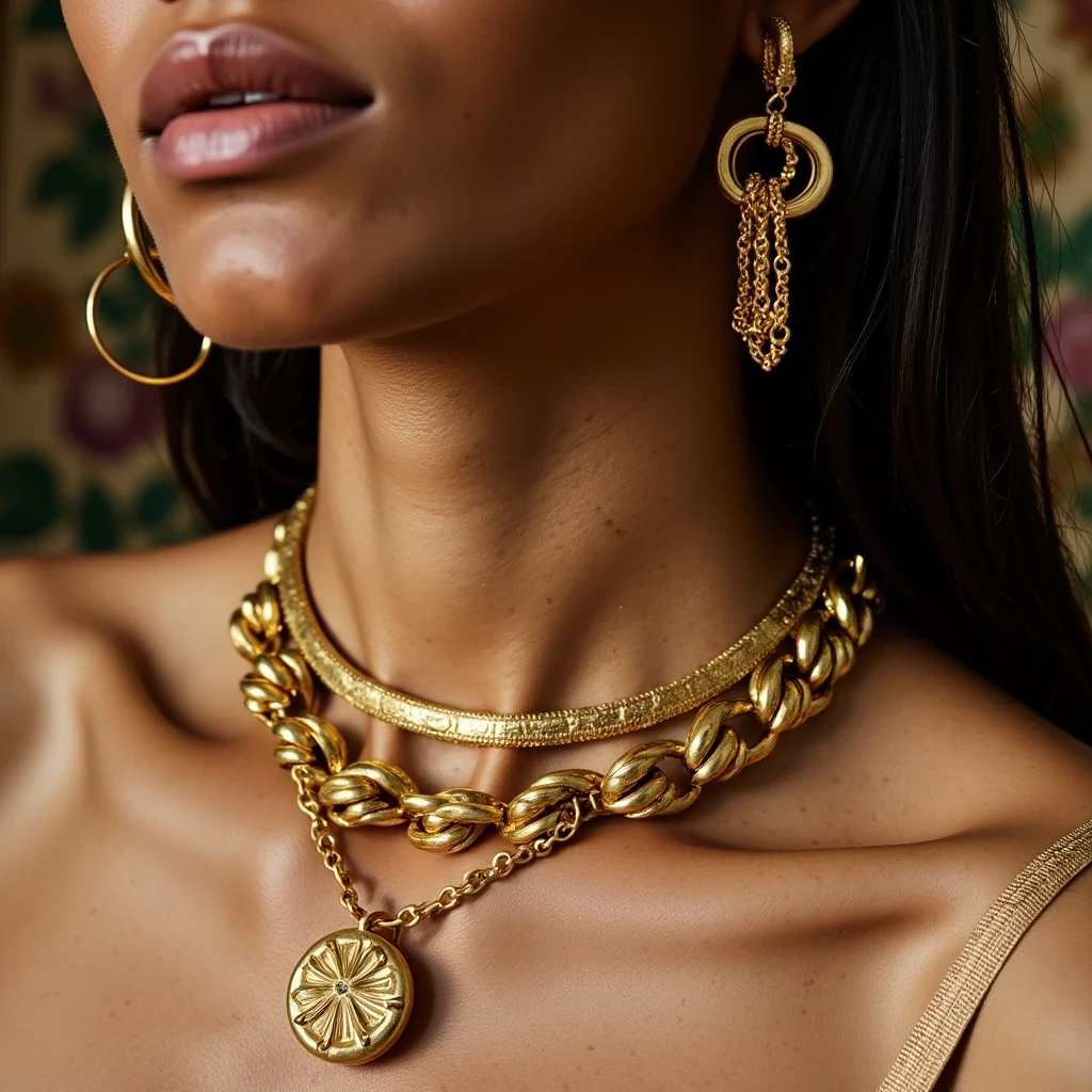 Gucci Jewelry Campaign
Shot on Leica S3, 100mm f/2, ISO 100, 1/125 sec. Extreme macro of model's neck and décolletage adorned with layered gold necklaces. Light olive brown skin texture captured in microscopic detail. Lighting: Ring light main + two strip boxes for dimension. Background: Hand-painted silk backdrop suggesting Italian Renaissance.
 CSTMDL