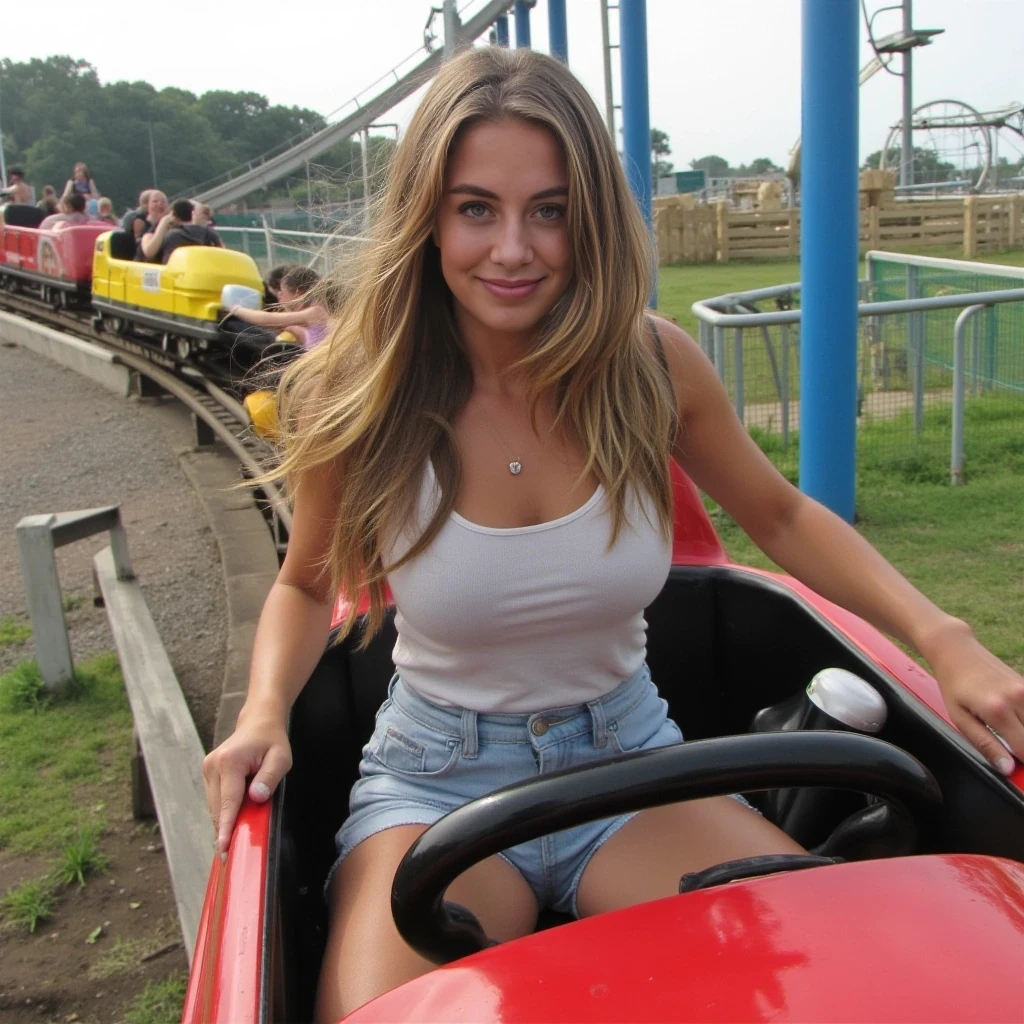 boring low quality snapshot, low-quality picture, realistic, age 22, tanned skin, clear face, long hair brown with blonde highlights, huge breasts, light green eyes, round ass, fit and proportionate figure, 5'4" tall, on a roller coaster, tank top, jean shorts