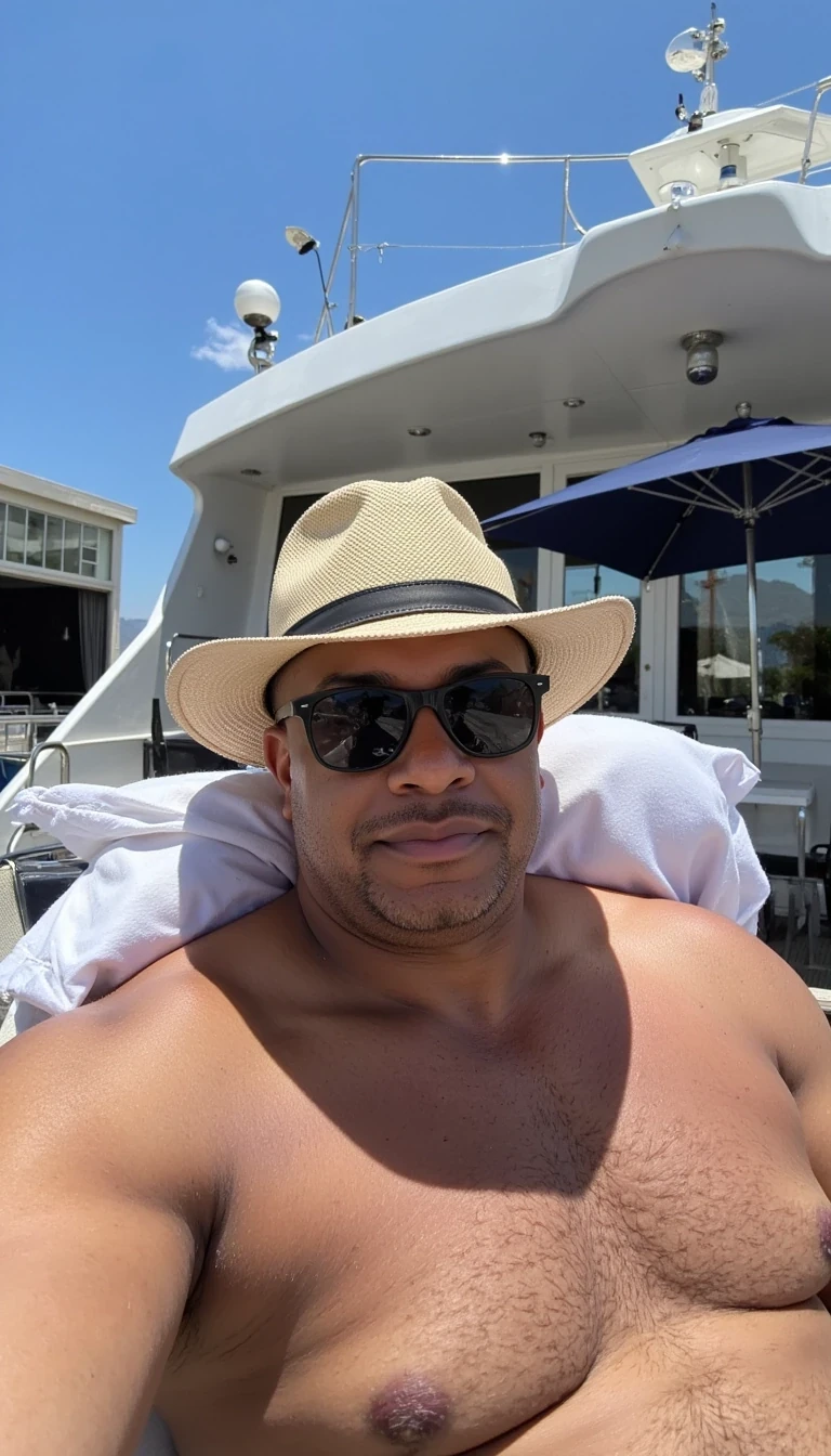 Human filter, luxury yacht, preppy look, laying on lounger, hat and sunglasses, real and younger look of Carter, man, cstmdl