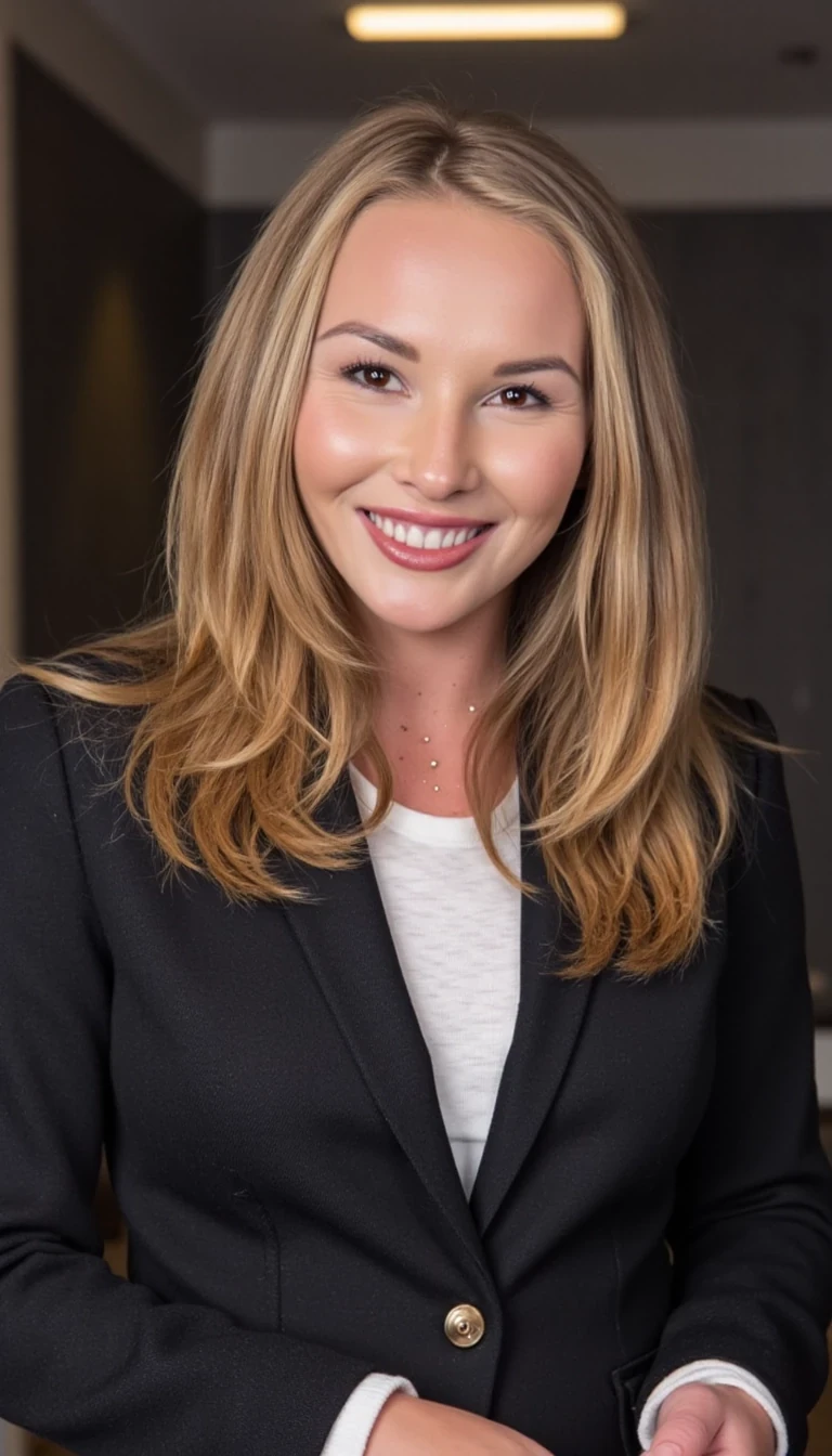 photo of woman CSTMDL, very skinny, office, mirror selfie, huge boobs, tan lines, dimly lit room, blonde, smiling, pale white skin, freckles, wearing woman’s suit, shirt pulled up 