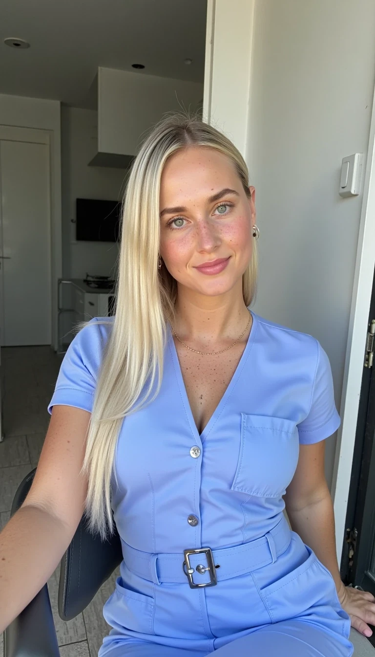 photo of woman CSTMDL, A 20-year-old blonde woman dressed in a stylish nurse uniform with a fashionable, low-cut neckline, sitting confidently in a modern, well-lit environment. Her platinum blonde hair is straight and neatly styled, complementing her fair skin with delicate freckles on her nose and cheeks. She has striking blue eyes and a composed, professional expression with a hint of a confident smile. She wears a fitted light-blue nurse uniform with a badge, belt, and matching cap, conveying both care and elegance. The background is minimalistic and neutral, ensuring the focus remains on her poised and compassionate presence.