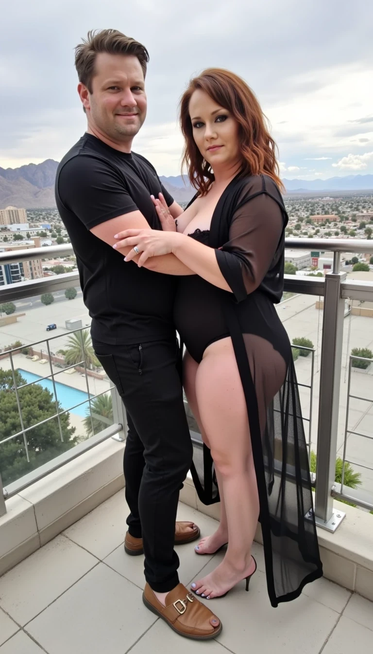 A full body shot photo of a curvy  shorter woman with wavy auburn hair, making out with a tall man on a balcony overlooking las vegas, standing in a sexy pose wearing nothing but a black sheer robe,  legs spread with fingers pinching her nipple. looking back over her shoulder with a sexy seductive smile