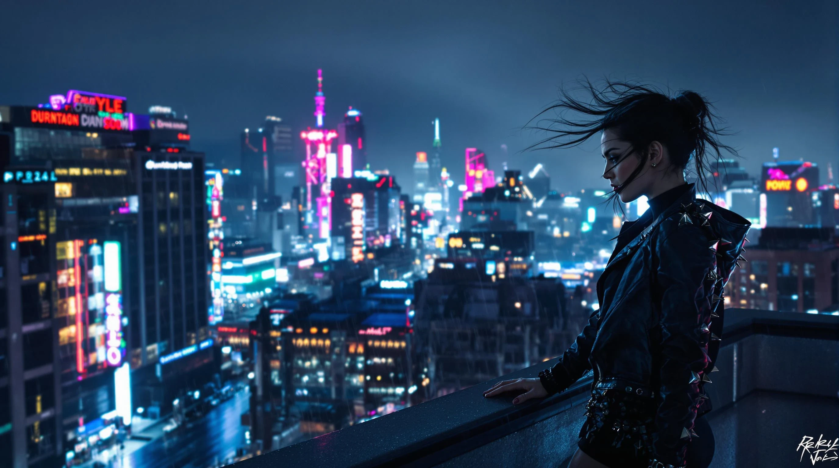 A powerful, rebellious woman standing on a rooftop at night on the direct right side of the image, wearing a leather jacket and spiked accessories, overlooking a neon-lit futuristic cityscape, wind blowing through her hair, intense and bold expression, cinematic lighting, rain-soaked streets below, realistic  , perfect for a DUBSTEP × PUNK theme. 


