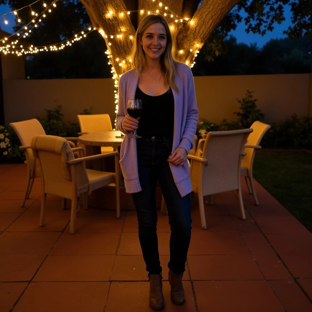 Full-length evening photograph of the same woman standing on a cozy, warmly lit patio. String lights wrap a large oak tree behind her, scattering tiny golden reflections over terracotta tiles and rattan chairs. She wears a soft-textured lavender cardigan open over a simple black camisole, slim high-waisted dark jeans, and ankle boots. She holds a glass of red wine in her right hand, smiling warmly at the camera. Fair skin glowing in the ambient light, clear textures on clothing, skin, and background, rich warm tones, relaxed and inviting vibe.