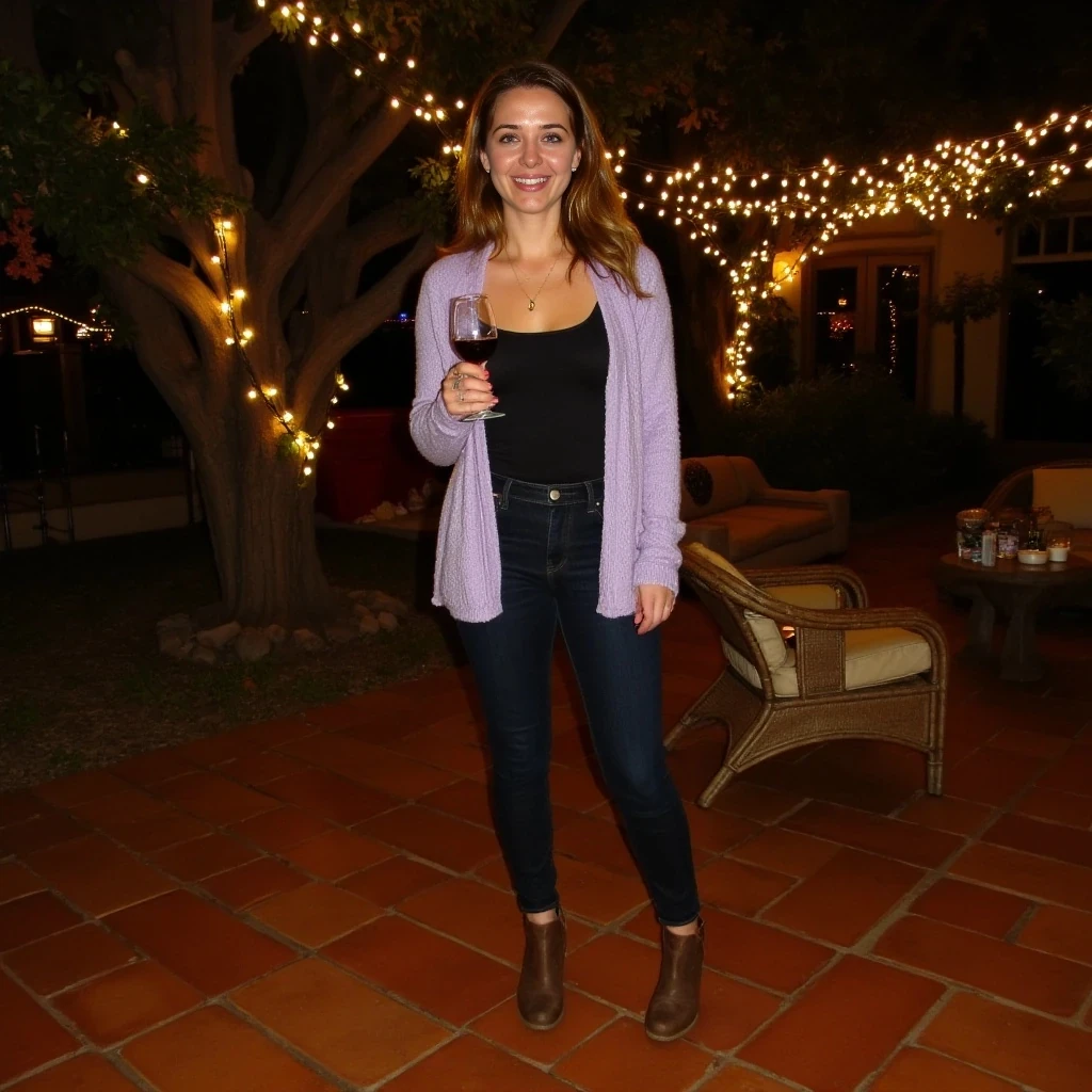 Full-length evening photograph of the same woman standing on a cozy, warmly lit patio. String lights wrap a large oak tree behind her, scattering tiny golden reflections over terracotta tiles and rattan chairs. She wears a soft-textured lavender cardigan open over a simple black camisole, slim high-waisted dark jeans, and ankle boots. She holds a glass of red wine in her right hand, smiling warmly at the camera. Fair skin glowing in the ambient light, clear textures on clothing, skin, and background, rich warm tones, relaxed and inviting vibe.