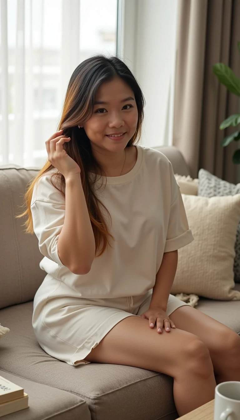 
“Full-body portrait, 25-year-old Asian American woman, petite toned figure, smooth golden-beige skin, oval face with soft cheekbones, almond-shaped dark brown eyes, warm playful smile. Long straight hair with dark roots fading into golden blonde highlights, hair down and slightly tousled.

Oversized long t-shirt, casual and comfy, hem brushing mid-thigh, relaxed fit showing natural curves. Bare legs, barefoot, lounging on a soft couch with cushions, sitting cross-legged and leaning back casually, one hand resting on her lap, other hand brushing through hair.

Setting: cozy modern living room, warm natural lighting from window, soft beige sofa, throw blanket, coffee table with a book and mug. Atmosphere: relaxed, intimate, comfortable, natural beauty, cinematic realism.”



















