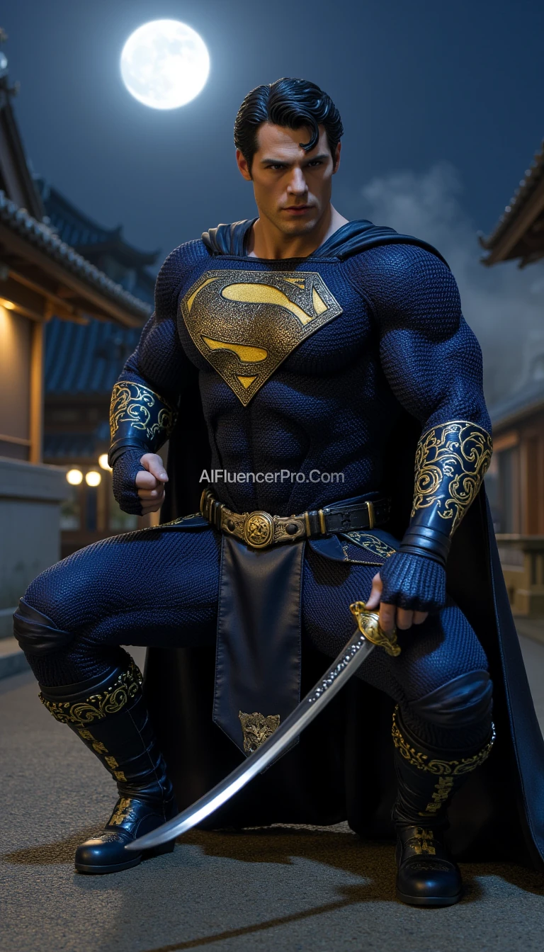 Superman in a ninja appearance, wearing a dark blue costume with intricate golden embroidery inspired by Japanese designs on the arms and chest, featuring his iconic 'S' emblem prominently displayed on the chest in gold. His cape seamlessly integrated into the costume, designed for stealth. Superman is crouched low in a dynamic battle-ready stance, one knee bent deeply while the other leg stretches back for balance. One hand tightly grips a katana sword positioned diagonally, ready to strike, while the other forms a defensive clenched fist. His sharp, focused gaze reflects determination. The background features a traditional Japanese village at night with a full moon glowing brightly and thin mist weaving through the scene, adding an air of mystery and intensity.