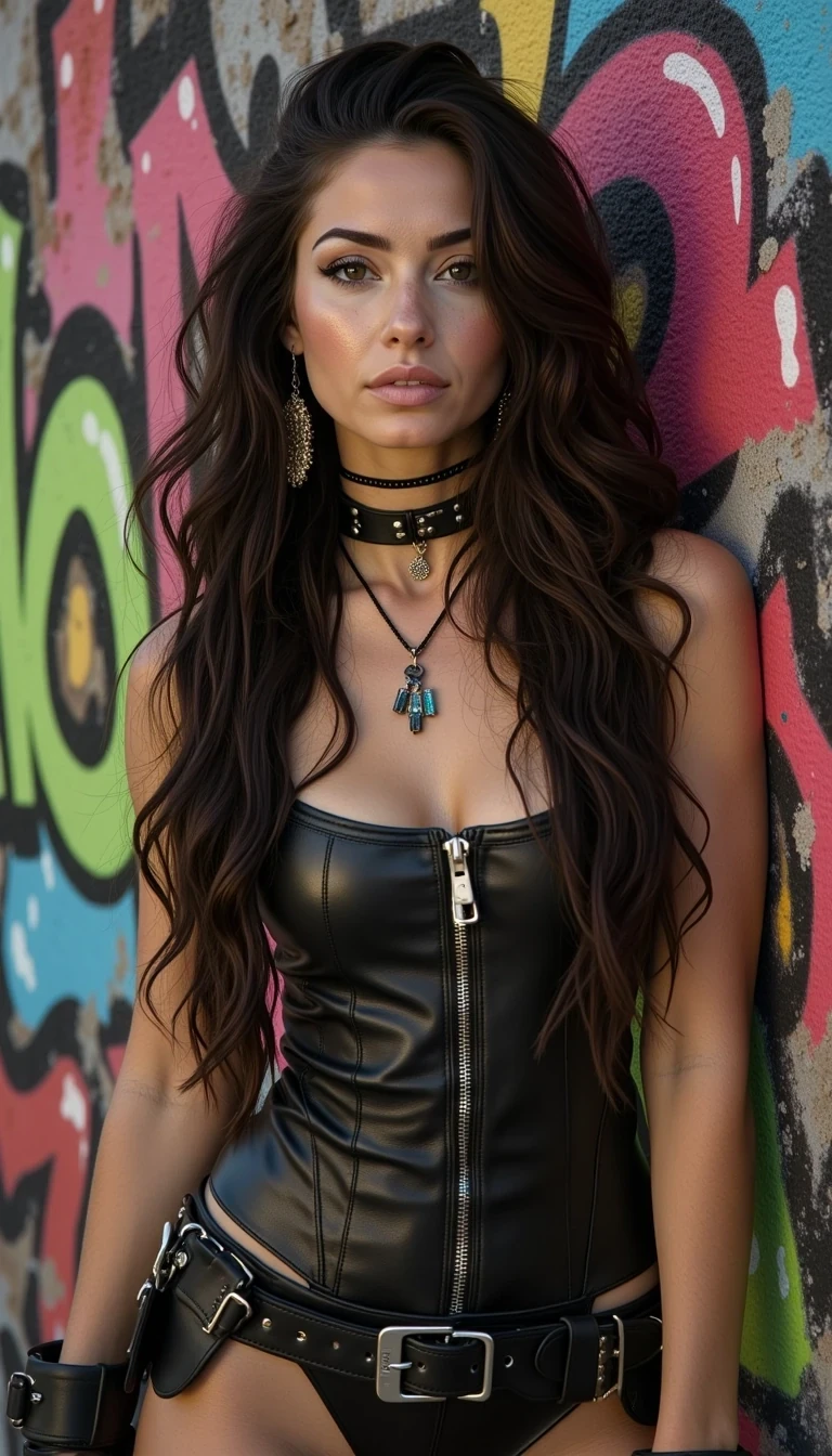 She is exploring her darker side with dark brown expensive hair and dark makeup outlining her eyes with a fun leather outfit on.  Posing against a graffiti wall