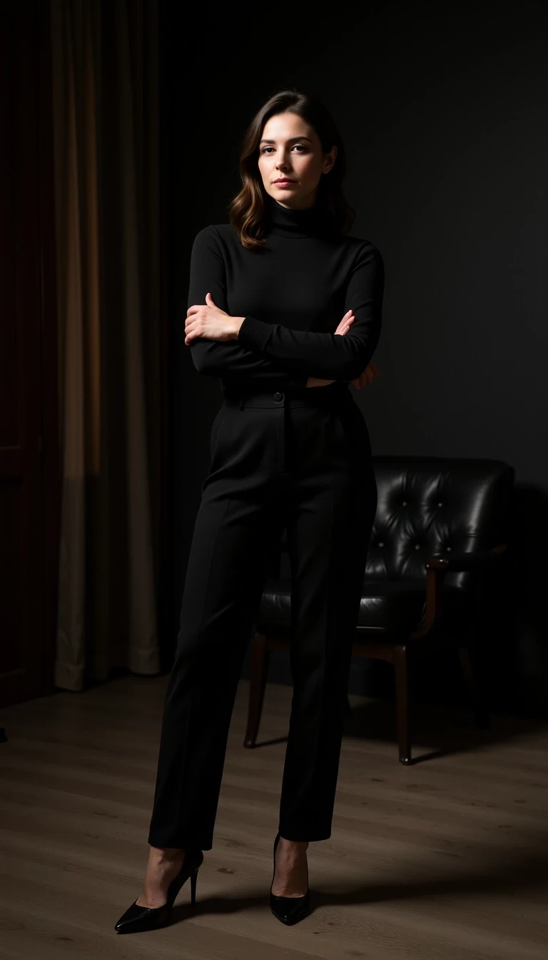 Model age: 30
Ethnicity: French
Style: Powerful, Elegant, Editorial, Dark Glamour, CSTMDL woman
Standing in black turtleneck and trousers, arms crossed, high heels, modern black office interior, moody lighting, confident pose, cinematic shot