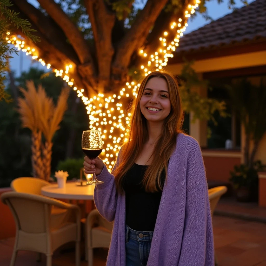 A full body shot photo of a latina woman standing outdoors at a cozy, warmly lit patio in the evening, with soft, glowing lights wrapped around a tree behind them creating a charming atmosphere. The image is rich in detail, with warm tones and clear textures throughout. The woman has fair skin, a slim build, and long reddish-blonde hair, also worn loose. She is smiling warmly at the camera, holding a glass of red wine in her right hand, and wears a soft-textured lavender cardigan over a black top. The background features a large tree with sparkling string lights wrapped around its trunk and branches, adding a magical touch to the scene. The setting suggests a private outdoor seating area, with elements like terracotta-tiled roofing, greenery, and rattan chairs contributing to a serene, inviting vibe. The overall composition is balanced, with the woman framed against the softly glowing tree, and the lighting enhances the warm, intimate feel of a quiet evening shared among friends. The details are vivid, with textures of clothing, skin, and background elements clearly visible, while the warm lighting creates a relaxed and joyful mood