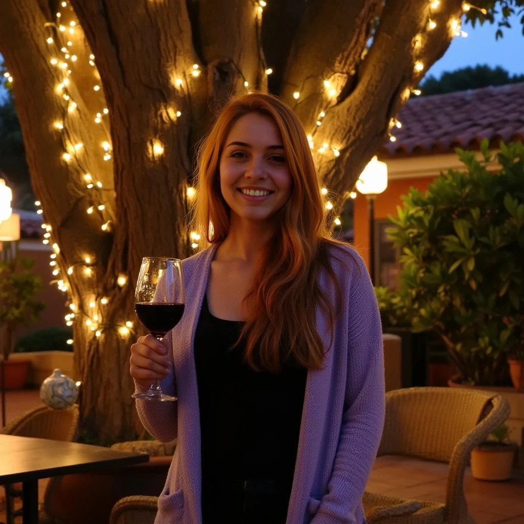 A full body shot photo of a latina woman standing outdoors at a cozy, warmly lit patio in the evening, with soft, glowing lights wrapped around a tree behind them creating a charming atmosphere. The image is rich in detail, with warm tones and clear textures throughout. The woman has fair skin, a slim build, and long reddish-blonde hair, also worn loose. She is smiling warmly at the camera, holding a glass of red wine in her right hand, and wears a soft-textured lavender cardigan over a black top. The background features a large tree with sparkling string lights wrapped around its trunk and branches, adding a magical touch to the scene. The setting suggests a private outdoor seating area, with elements like terracotta-tiled roofing, greenery, and rattan chairs contributing to a serene, inviting vibe. The overall composition is balanced, with the woman framed against the softly glowing tree, and the lighting enhances the warm, intimate feel of a quiet evening shared among friends. The details are vivid, with textures of clothing, skin, and background elements clearly visible, while the warm lighting creates a relaxed and joyful mood