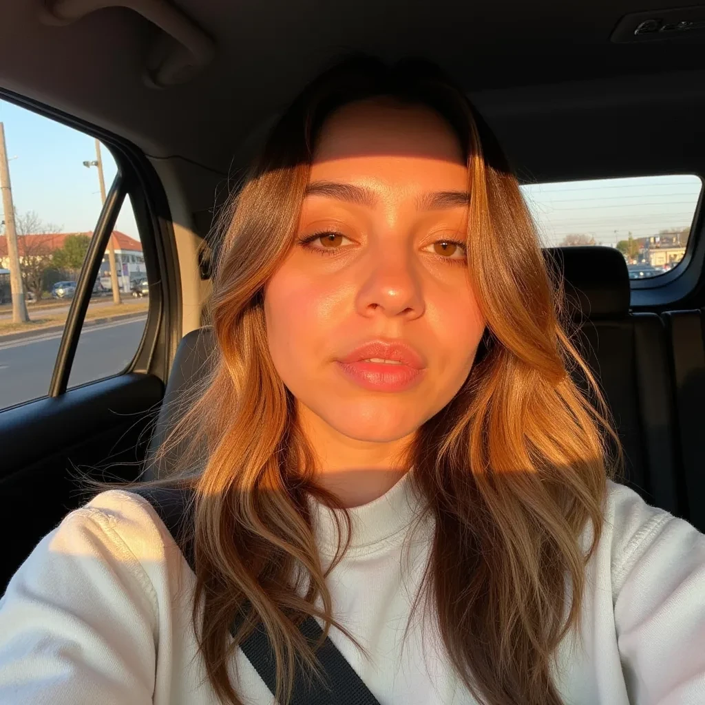 Selfie photo of cute latina woman with soft light brown hair in a car, The light from the setting sun gives a soft orange glow across her face and upper body, casting long shadows