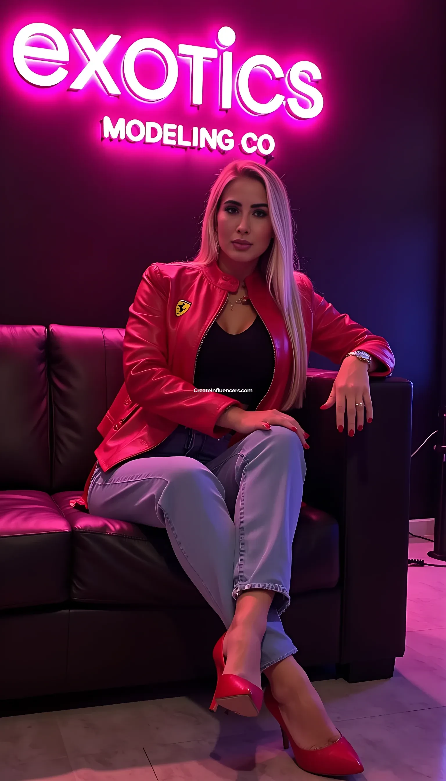 CSTMDL average body node hair blue eyes seating in a couch leg crossed wearing a light blue jeans with a red leather Ferrari logo jacket and red high heel with a pink neon sign that say EXOTICS MODELING CO. On the background 