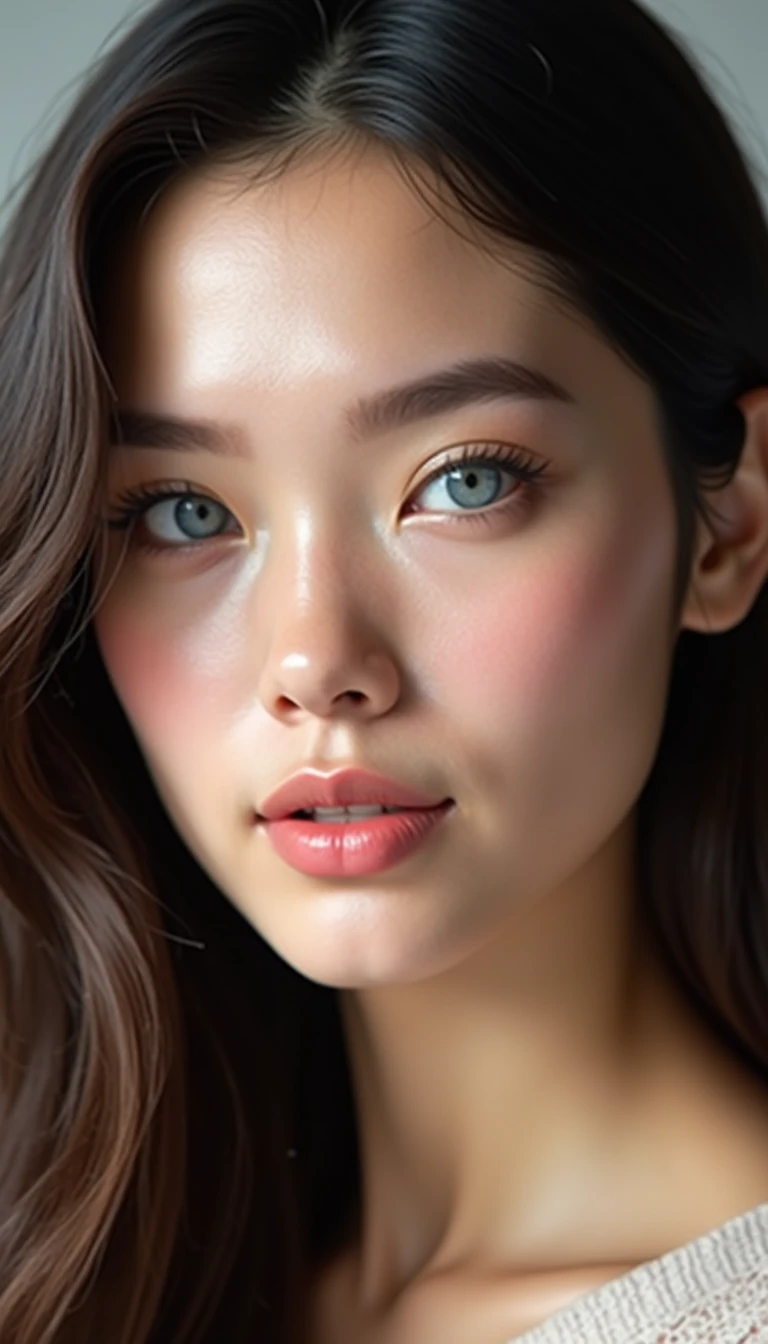 Ultra-photorealistic portrait of a young British woman with symmetrical, soft facial features and a serene expression. Her skin is smooth, glowing with a natural complexion and subtle highlights on the cheekbones and forehead. She has gently arched eyebrows, delicately shaped and well-groomed. Her blue almond-shaped eyes are large and expressive, framed with long, dark lashes and a soft touch of natural makeup. Her lips are full and slightly parted, with a soft pink hue, appearing moisturized and balanced in proportion. Her nose is straight and finely contoured, fitting harmoniously with the rest of her face. Her hair falls naturally around her face in smooth waves, dark and lustrous, with realistic texture and volume. The lighting is soft and even, enhancing the natural beauty and subtle details of her features. Background is softly blurred with neutral tones, emphasizing focus on the face. Rendered in 8K resolution, cinematic style, lifelike texture, depth, and skin detail, with shallow depth of field and a high dynamic range