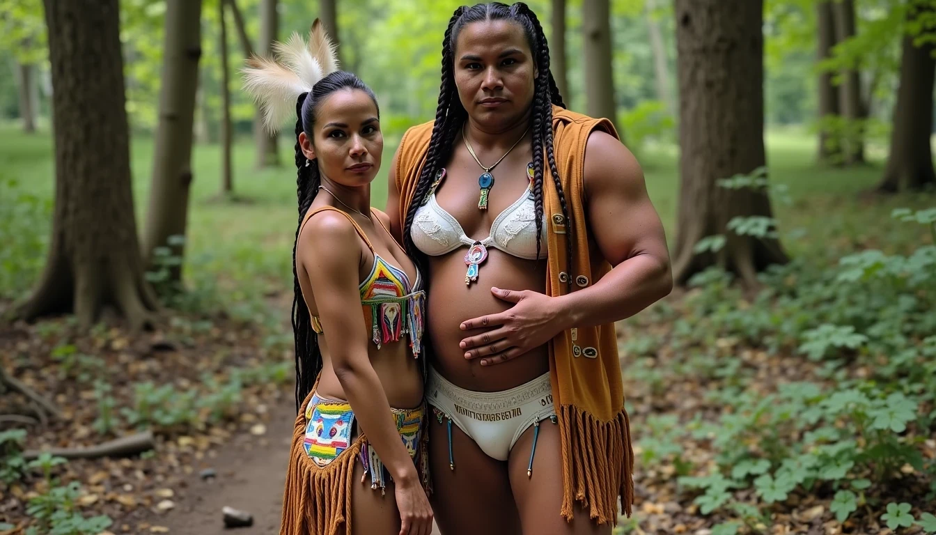 photo of woman CSTMDL, a medium shot photo of, a slim woman, her full body is in the scene, she has a slender petite build with petite small boobs and a flat chest, she has small dark skin nipples with long pointy nipple ducts and small dark skinned areolas, her hair is styled with two long braids she has eagle plumes in her hair, she is not wearing earrings, she is wearing daisy duke denim booty shorts, she is wearing a native American style vest in a golden yellow color over top of her underwear, her vest is open exposing her strapless bra, her bra is a strapless white lace bra, she is wearing white lace panties, she is wearing ankle height smoked hide moccasins, natural lighting, natural light, amateur photography, shot on an iPhone, she is standing with her legs spread wide apart in a densely wooded forest, she is maintaining intense eye contact with the camera, there is a giant native American fat man twice her height kneeling directly behind her holding onto gripping the woman's waistline, the man is holding her in front of him, the man is a real giant twice the height of an average male, public setting, Hyper realism, ultra-sharp focus, highly detailed, natural lighting, natural light, amateur photography,