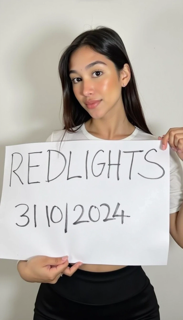 photo of woman CSTMDL,  woman holds a sign with handwritten text. She is wearing long sleeves and has neutral makeup. The sign reads "REDLIGHTS" followed by "31/10/2024" in a simple script. The background is a plain, light-colored wall, providing a minimalist and uncluttered setting.