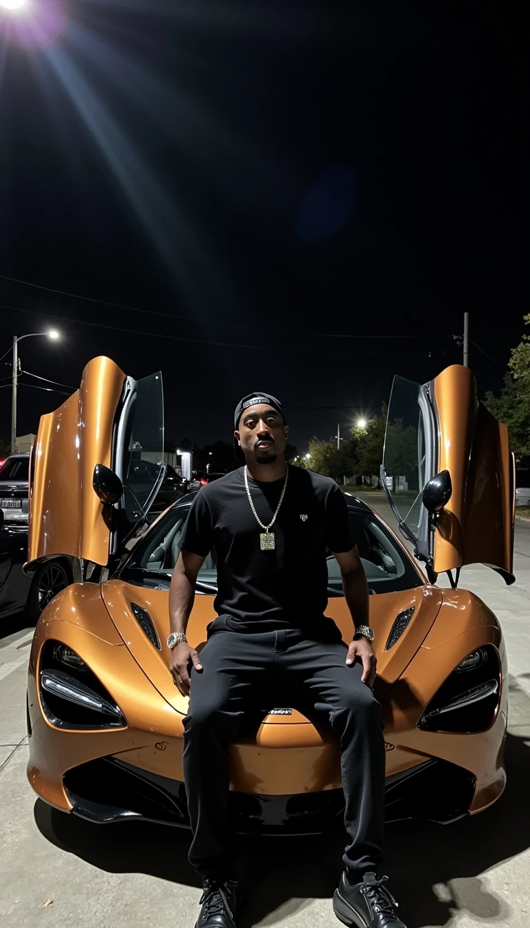 iphone portrait of CSTMDL A candid, off-guard shot of a bald man (like Tupac) casually sitting on the hood of a brown McLaren with butterfly doors open at a gas station at night, looking confident and composed. He’s wearing all-black clothing with layered chains and a black LA hat pushed back slightly. Behind him, a Dodge Challenger Hellcat in matching brown with custom accents is parked. The scene is well-lit under harsh gas station lights with a moody nighttime suburban backdrop — distant street lights, power lines, and a dark sky.

Camera Setup:
Shot on Sony A7 III with a Sony FE 24-70mm f/2.8 GM lens, aperture set at f/2.8 for a shallow depth of field, ISO 400, 1/125 shutter speed.
Use natural low-light ambiance, crisp details on the car paint and facial features, creamy bokeh on background elements.

Style:
Cinematic realism, luxury hip-hop lifestyle, crisp texture, deep shadows and contrast, mild lens flare from overhead lights, slightly desaturated tones with rich blacks and warm highlights.