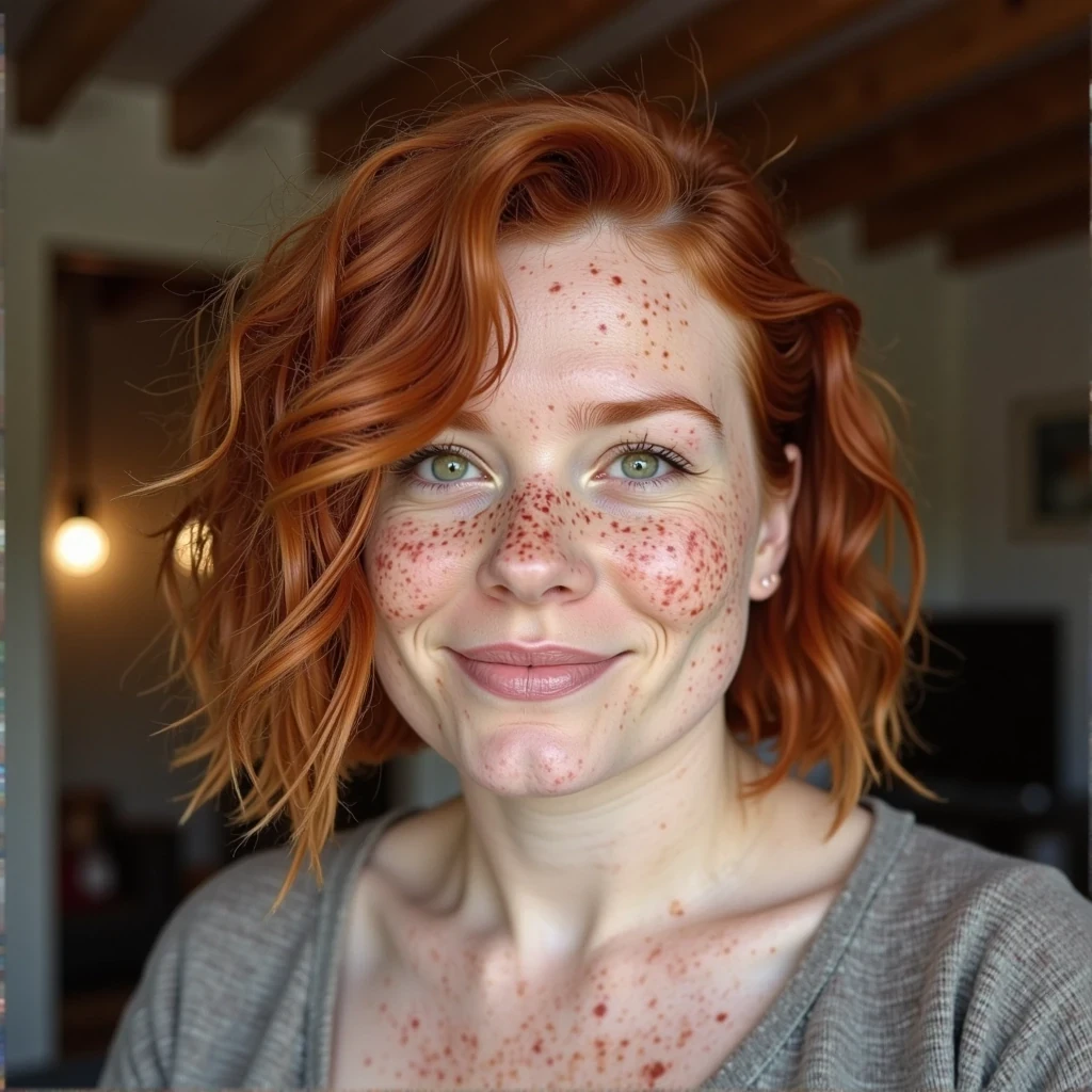 a irish born redhead with short wavy red hair, freckles, green eyes, she is curvy weighs 145 lbs, and has DD breasts, she is happy, with a natural smile, she is 24 years old








