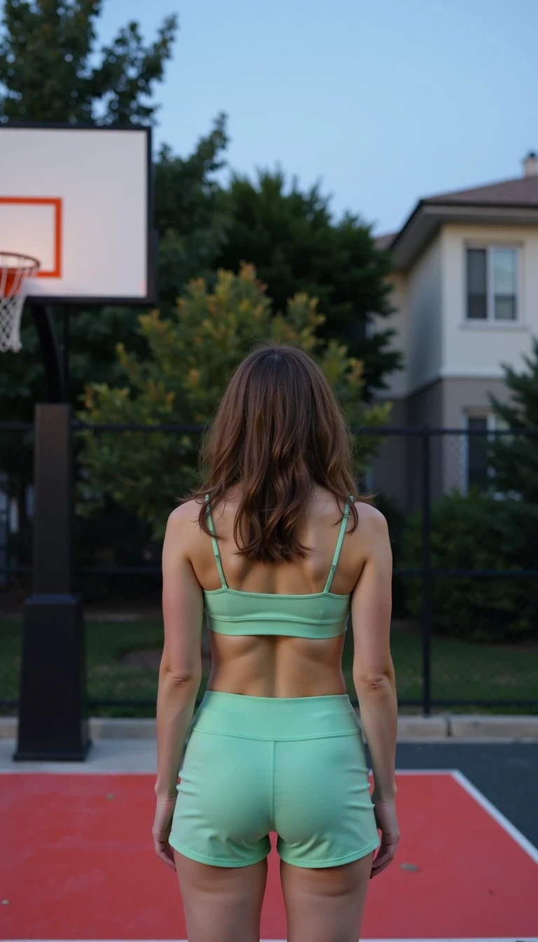 CSTMDL - The scene captures a young woman standing on a basketball court during twilight. She faces away from the camera, highlighting her athletic build in a light green outfit composed of a cropped top and matching shorts. The court features a striking red and black color scheme, contrasting against the subdued colors of the background buildings and foliage. The basketball hoop, slightly out of focus, is situated to the left, emphasizing the subject's engagement with the setting. The ambient lighting suggests a late evening hour, with a soft blue hue that hints at the transition between day and night. Her hair is styled in loose curls, flowing down her back and catching the twilight light. The composition utilizes a shallow depth of field, keeping the focus on the subject while creating a dreamy, atmospheric effect. The surrounding area includes a chain-link fence and foliage, lending a sense of urban environment juxtaposed with nature. A slight breeze is implied by the movement of her hair and the crisp leaves scattered on the court surface, adding a layer of dynamic stillness to the moment. This scene encapsulates both athleticism and a reflective mood, ideal for capturing the essence of a summer evening.
