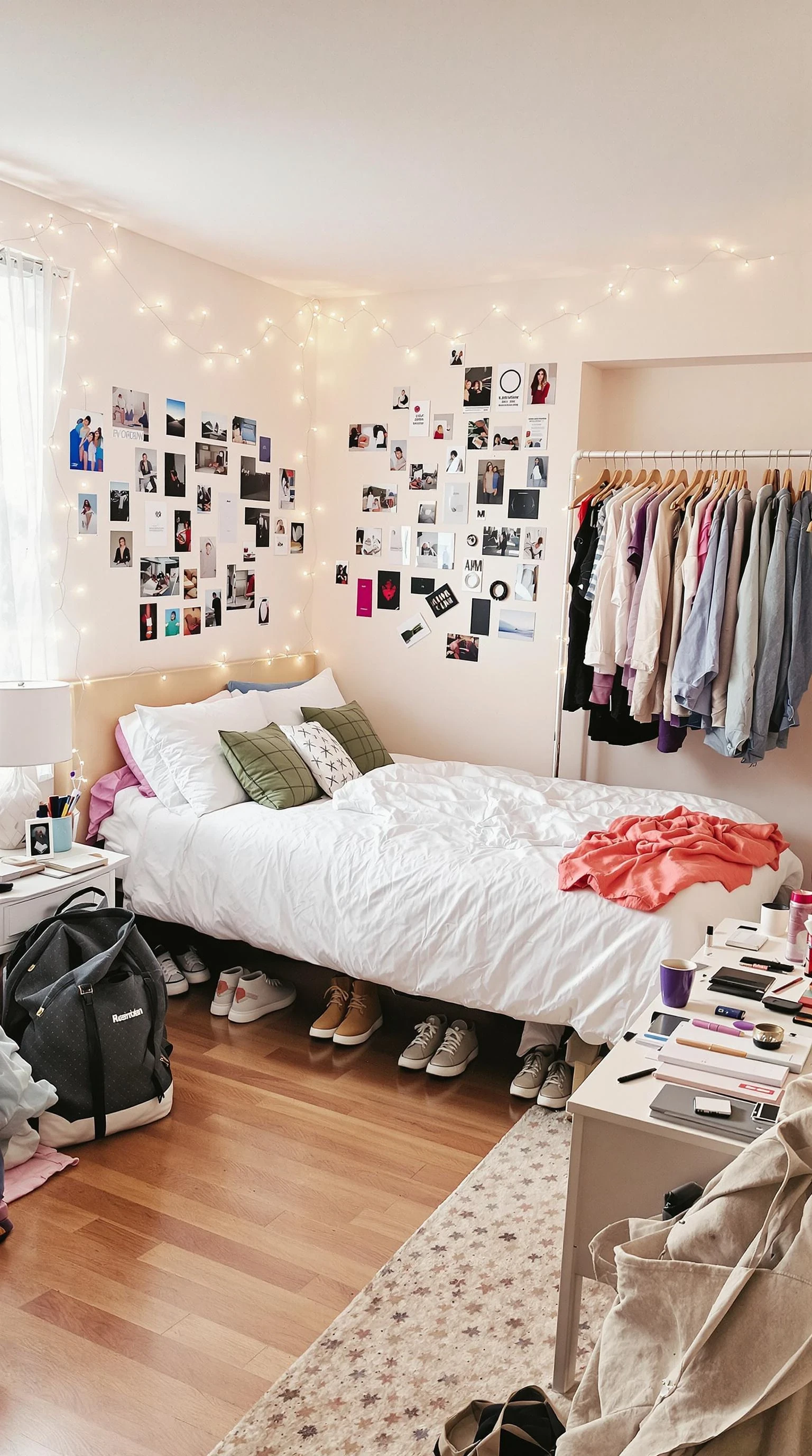 Slightly untidy bedroom belonging to an 18-year-old girl in the U.S., viewed from a natural, low eye-level angle — approximately at waist or belly-button height. The room is softly lit with natural daylight coming through sheer curtains. A full-size bed sits against a pastel-toned wall, dressed in a white duvet with a few colorful throw pillows and a casually tossed blanket. The wall above the bed features a collage of magazine clippings, Polaroids, and fairy lights, giving the space a personal and expressive feel. One side of the room features a clear, open area with neatly kept hardwood or carpeted flooring, next to a clothing rack displaying curated outfits and shoes organized beneath it. A small nightstand holds a lamp, an iced coffee cup, a phone charger, and scattered makeup items. In another corner, a desk or vanity is slightly cluttered with notebooks, skincare products, a hairbrush, and jewelry. A hoodie is slung over a desk chair, and an open tote bag or backpack lies on the floor with a few papers peeking out. The overall room feels warm, creative, lived-in, and expressive — a space meant for both comfort and personal style. The composition suggests both functionality and personality, with an open layout that allows for natural movement and presence in the center of the room.