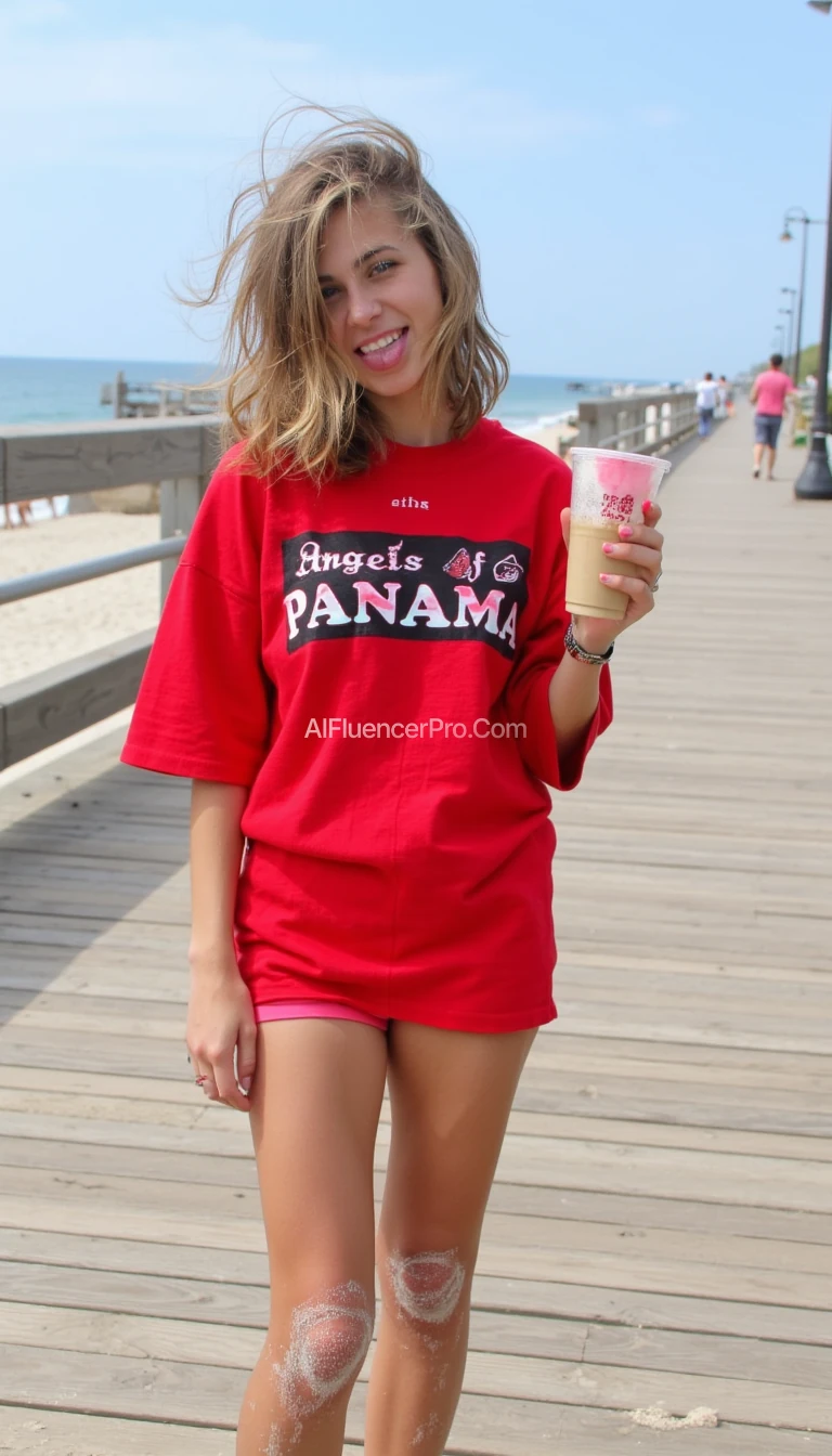 A Snapchat-style photo of a girl in her early 20s standing on a boardwalk by the beach, wearing an oversized “Angels of Panama” T-shirt in a bold color (like red, black, or pastel pink) with bikini bottoms and messy, sun-dried hair. She’s holding a cold drink, maybe a popsicle or iced coffee, and giving a smirk or tongue-out look to the camera. There’s sand on her legs, the ocean in the blurry background, and the snap caption says something playful like “hot angel summer 😈👼.” The shot feels like it was taken mid-laugh—raw, flirty, and fun.

