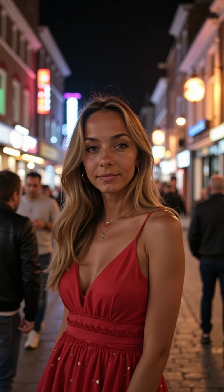A detailed image of CTSMDL standing in a high street of a busy town on a Saturday night with her full body in the photo wearing a stunning dress that makes her figure pop while smiling at the camera with teeth showing with a glowing smile that makes people feel happy, the street lights are shining down onto her creating the picture perfect photo that delivers an old fashioned photo like its been taken on a disposable camera image with dull skin. Around her will be colourful lights emitted from the night clubs and pubs with other groups of people enjoying themselves (not a blurred background) creating an enjoyable atmosphere.    