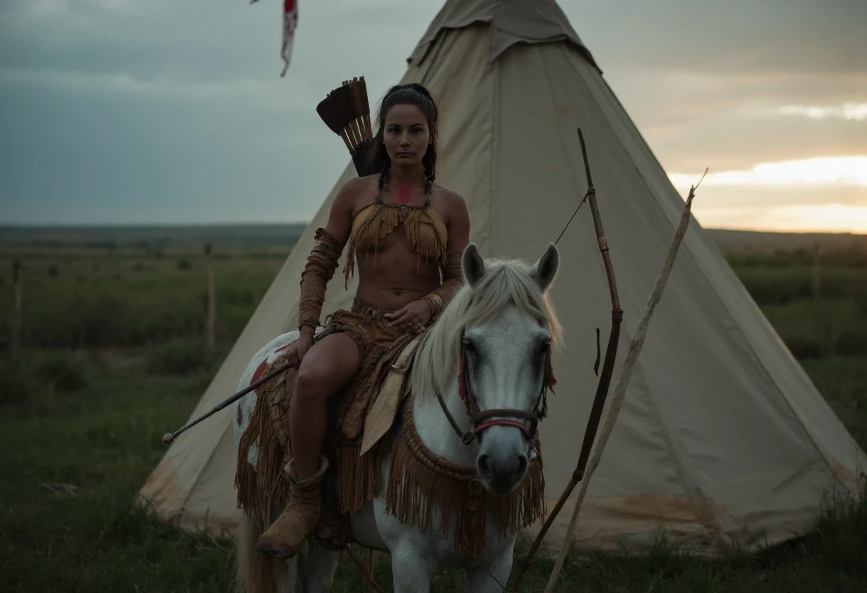 Medium shot photo of a beautiful 25-year-old slim athletic Native American woman warrior with small petite A cup breasts, wearing native American Regalia, posing stoically in front of a round native American plains style tipi. Set under dim natural sunrise light. The sun has barely begun to peek over the horizon. The image has a dull color palette, with the greenery of the ground around the tipi being dark green and browns cast with shadows and dull gray sky meets the sunrise on the horizon enhancing the moody atmosphere. The woman, who is Native American in appearance, has a slim athletic build and petite tiny breasts. She is wearing a traditional smoked hide native American Regalia outfit, it resembles a hard bone material bra and smoked hide leather panties, it is golden smoked hide brown in color. She is wearing bone and leather vambraces on her forearms and leather wraps around her shins. You can still see her entire leather bra and panties. She is wearing smoked hide moccasins on her feet. Her hair is Native American styled with 2 long braids. She is riding a top of a native American warhorse with the reins gripped in one hand and a tomahawk in the other. The horse is adorned in traditional native American warhorse garb. The horse is tall and white, with spots ofbred warpaint. She has a primitive archery bow and a bundle of arrows in a native American style quiver on her back. The woman is looking directly at the camera stoically without any other expression. She has red warpaint on her body and face. There is no explicit nudity visible. Cinematic shooting style. Romantic setting