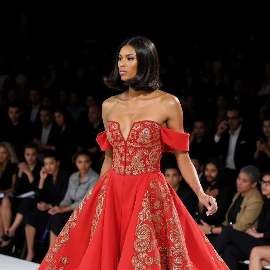 Vogue Forces of Fashion
Shot on Sony A1, 85mm f/1.4 GM, ISO 800, 1/320 sec. Dynamic shot mid-stride in custom Pyer Moss gown with political statement embroidery. Light olive brown skin catching multiple cross lights, creating dimensional highlight on collar bones. Hair in sleek bob with glass-like finish. Background: Anna Wintour, Edward Enninful, and fashion industry luminaries in soft focus.
 CSTMDL