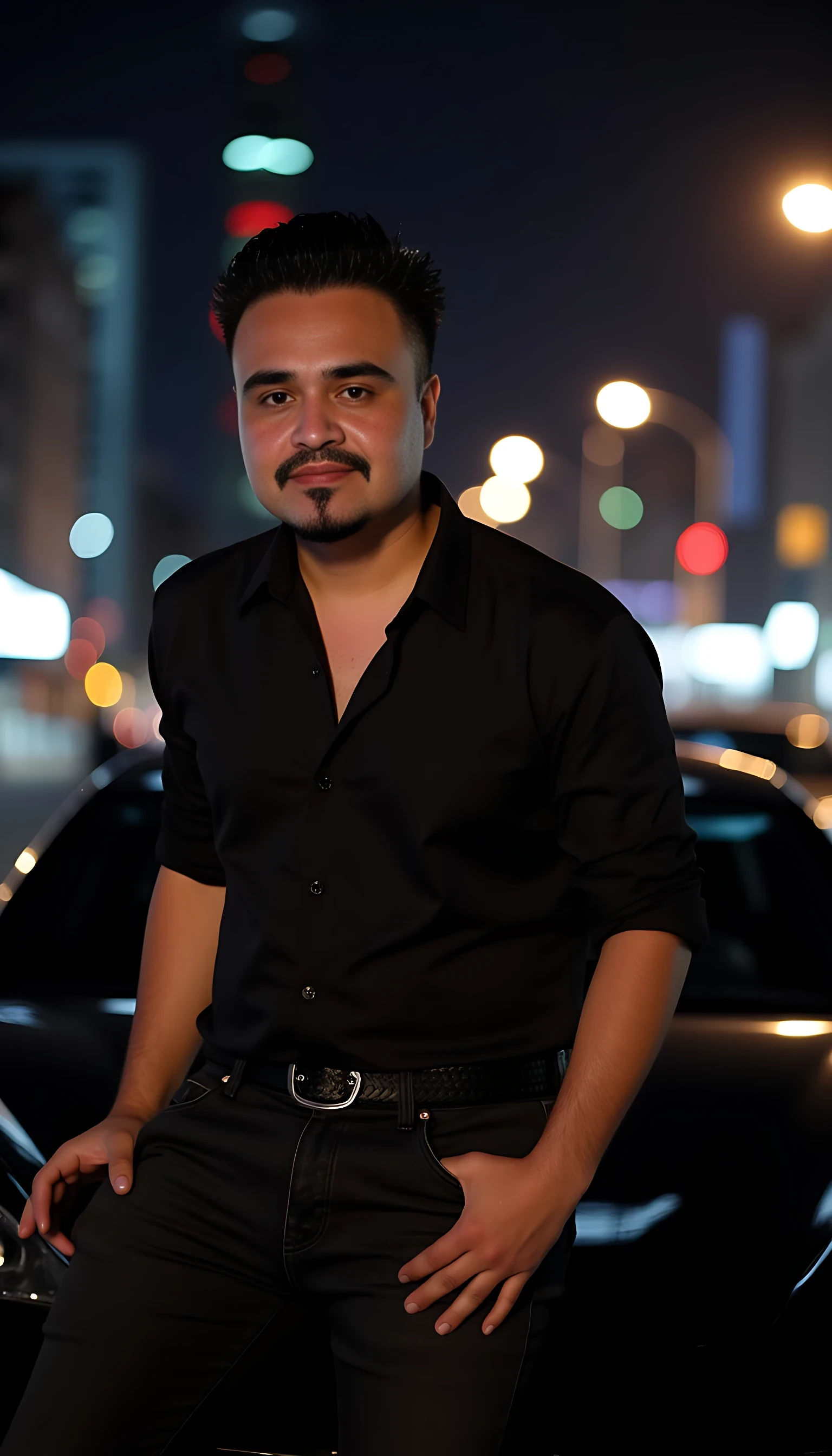 full man average body  wearing a  black dress shirt posing on a Ferrari car in a city night light background 

