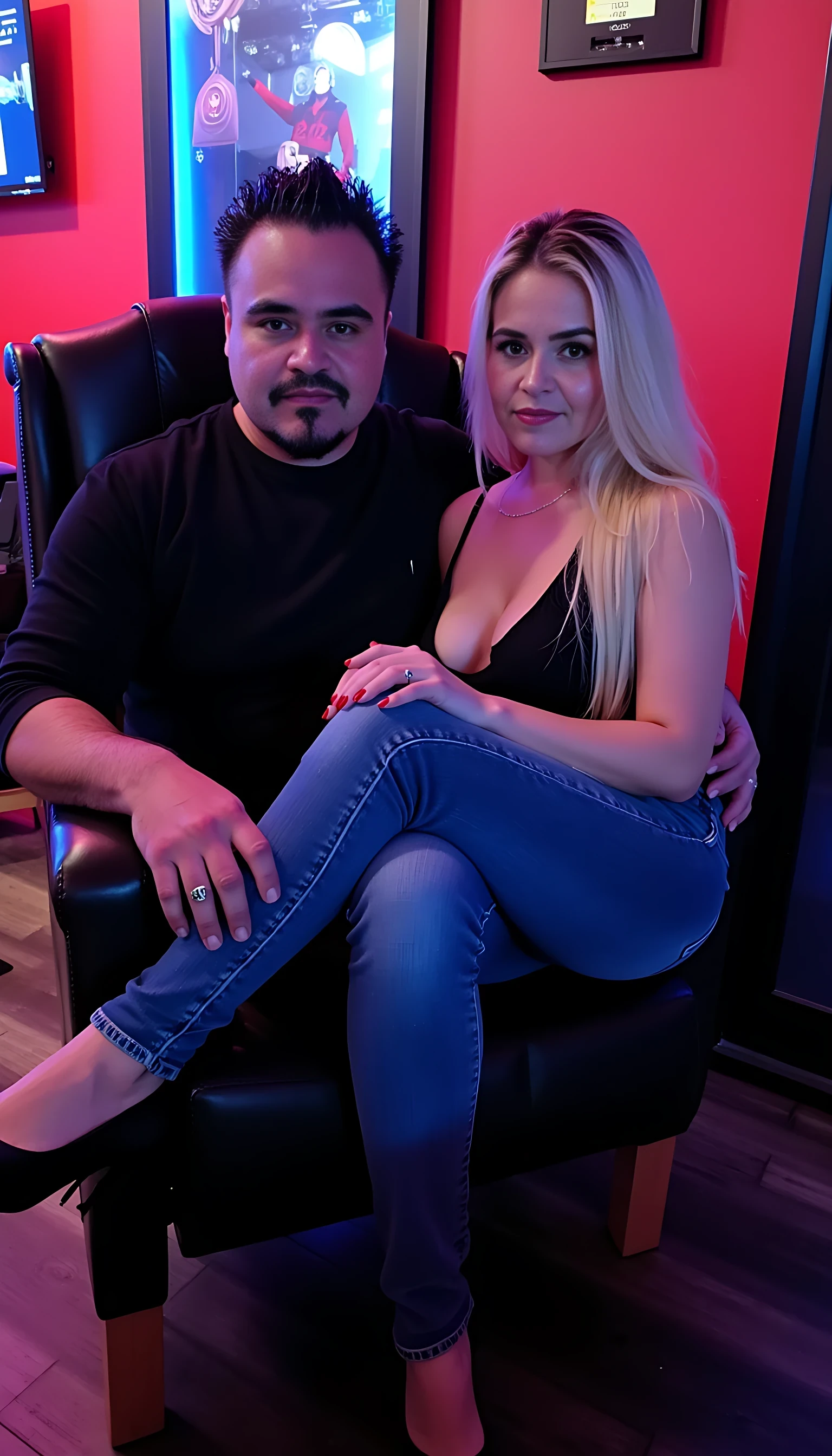 Man full average body seating on a king chair with a beautiful blonde woman with blue eyes wearing sexy jeans seating on his lab with a night club background 