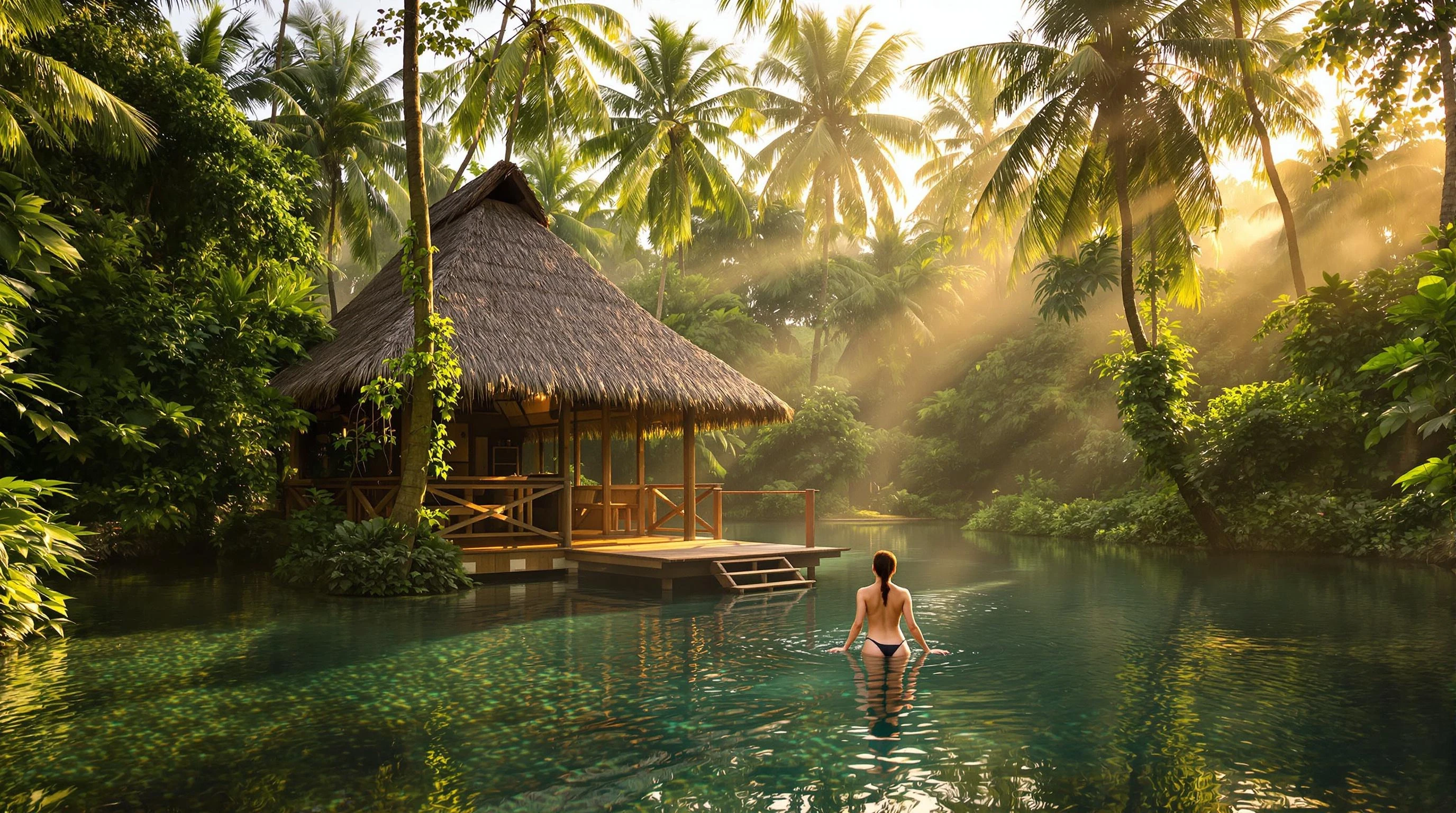 "A serene tropical jungle scene at golden hour with soft ambient lighting. A small wooden hut with a thatched roof stands peacefully by a clear natural pond. In the foreground, a young women is walking in the water, captured in a gentle, elegant motion. The environment is lush and green, with palm trees, vines, and soft mist in the background. The lighting is dreamy and cinematic, with golden highlights on the leaves and subtle reflections on the water surface. Ultra-realistic, 4K, atmospheric, emotional."