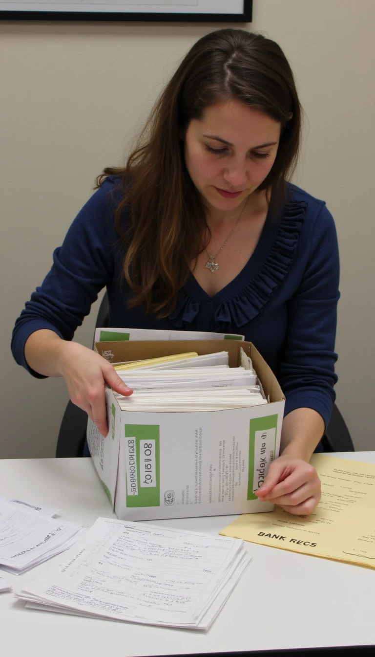 Photo of Sarah organizing a shoebox of receipts into labeled folders (Invoices, Expenses, Bank Recs). Calm, focused expression. Messy-to-neat progression across the desk. Eye-level medium shot, soft daylight, shallow DOF, realistic.

