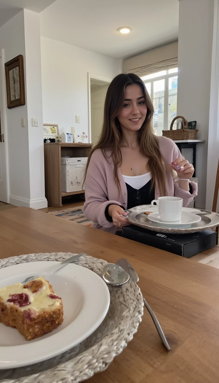 boring low quality snapchat photo circa 2015, cute woman, CSTMDL, She should look exactly like the AI trained "OLIVIA RENDERED BETTER",  the morning, sitting in a modern apartment dining room having coffee, instagram photo, instagram