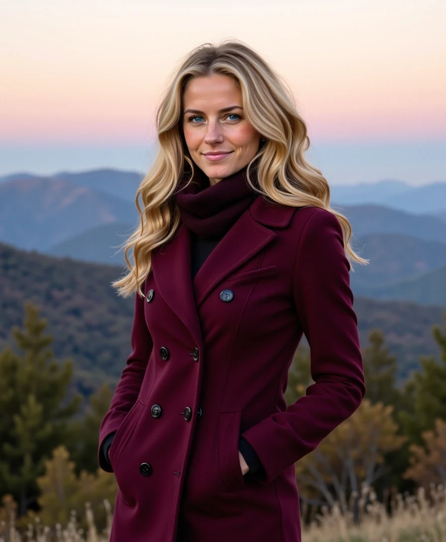 The image is a photograph featuring a young Caucasian woman, CSTMDL, with long, wavy blonde hair, standing on a misty Blue Ridge Parkway overlook at dawn. She wears a form-fitting deep burgundy coat and scarf that hugs her silhouette respectfully, hands in pockets casually. Her expression is serene, hair flowing in the breeze, with rolling mountains in rich hues behind her. Highly detailed, 8K, natural lighting, adventurous lifestyle style with deep reds and greens.