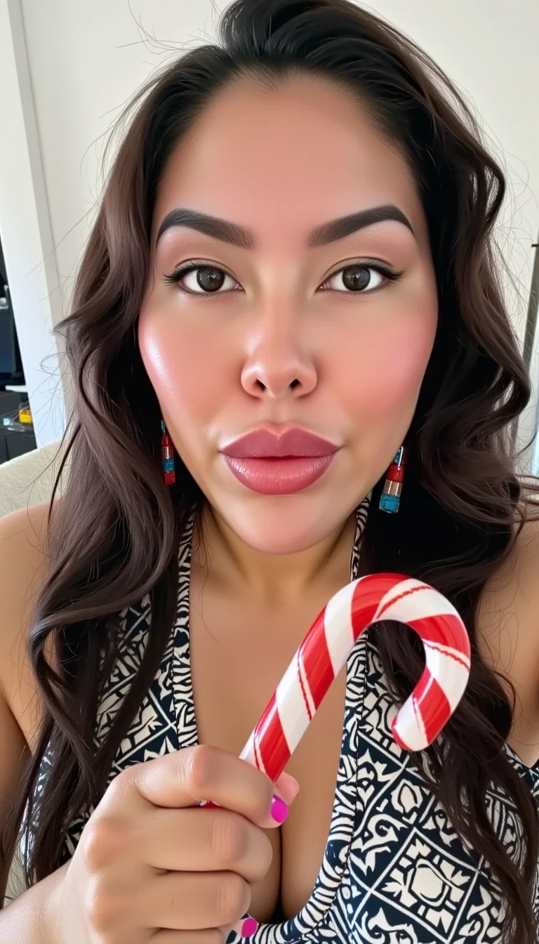 A selfie photo close up of CSTMDL a 35-year-old native American woman, she is posing seductively for the camera, she maintains intense eye contact with the camera at all times, she has native American style hair in two long braids, she is wearing a skin tight form fitting onesie with native American geometric patterns on it, she is holding a candycane that is two inches in girth, realistic,