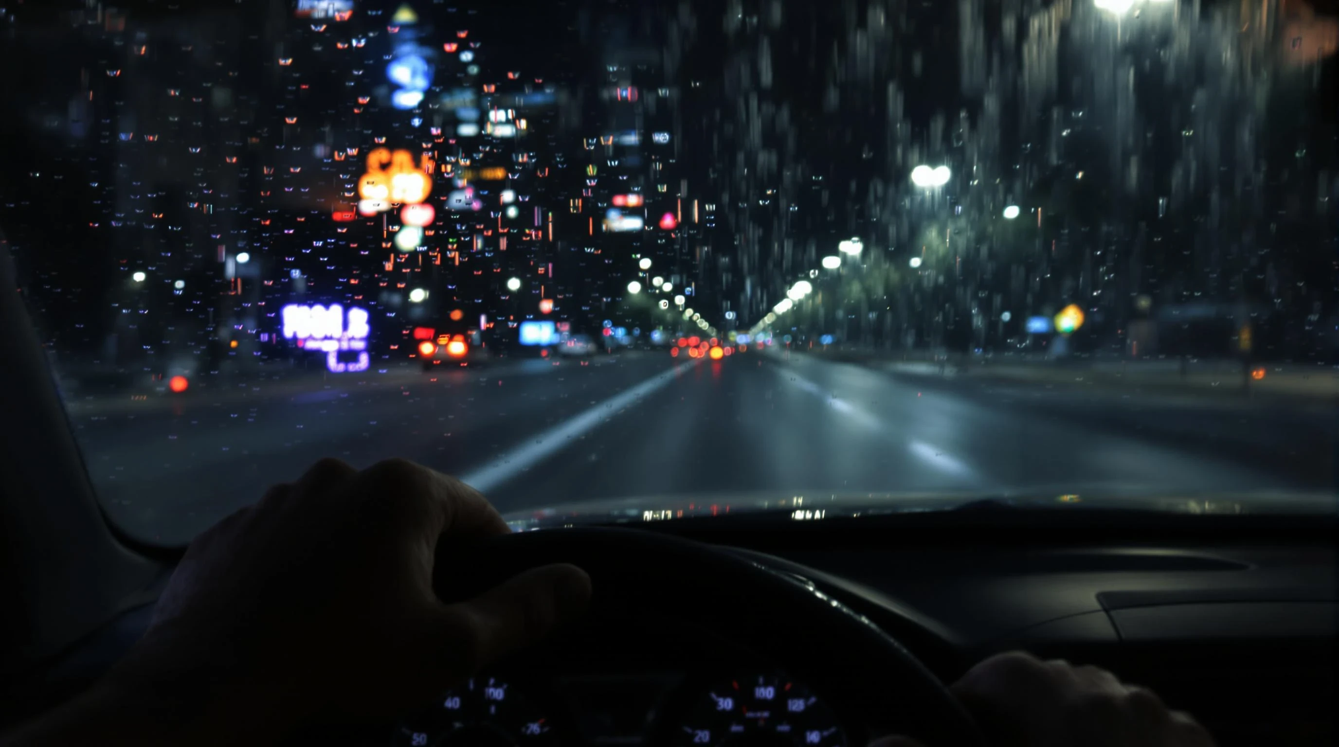 "A realistic nighttime scene viewed from inside a moving car, showing blurred city lights through a rain-covered windshield. The road is illuminated by soft neon reflections and distant headlights. The dashboard is visible in the foreground, with a pair of hands on the steering wheel, suggesting calm and focus. The mood is cinematic, introspective, and peaceful – ideal for a night drive. Ultra-realistic, moody lighting, 4K photo quality, shallow depth of field."
