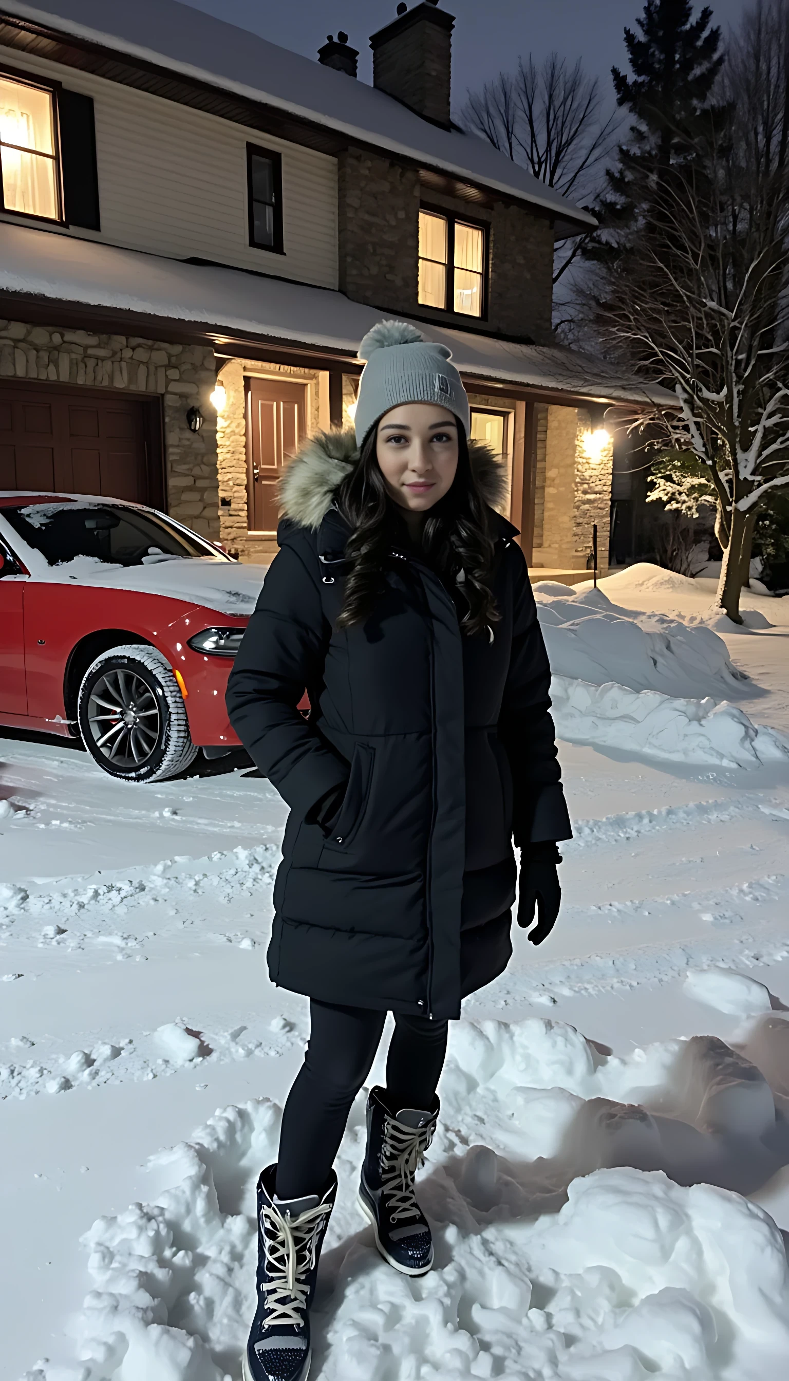 She is standing outside her home, she is wearing canadagoose overcoat and long winter shoes and gloves.and winter hat. Round dark goggles , her home is big and  beautiful canadian type house, a red mustang charger on side. Maple trees are around house, night time, very heavy snowfall. Her feet are half in snow 