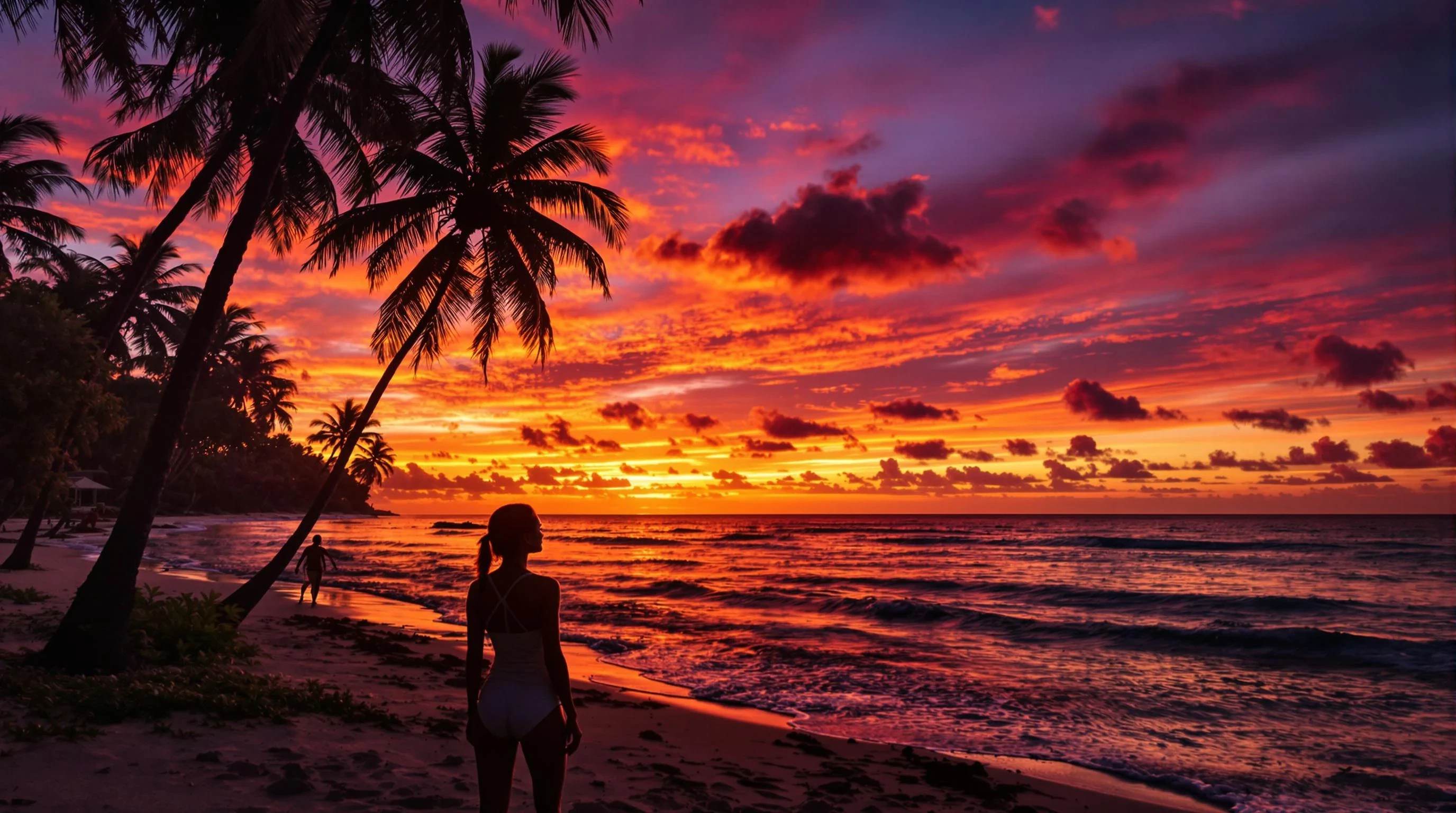 "A realistic tropical beach at sunset with vivid orange and purple sky. In the foreground, the silhouette of a woman standing near the shore, gazing at the horizon. Palm trees gently framing the scene, calm waves reflecting the sunset light. Cinematic, peaceful, emotionally warm. Ultra-realistic 4K photo with space on the right for text overlay."