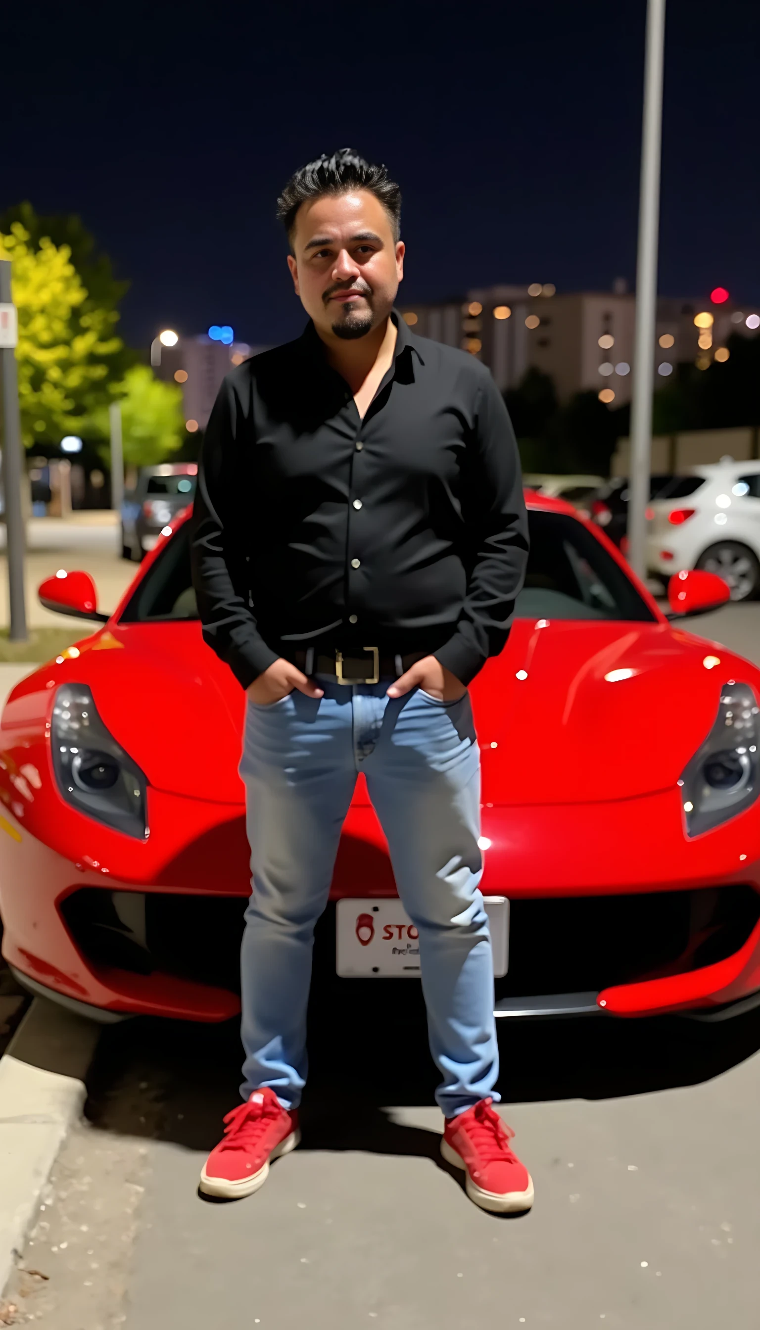 CSTMDL average body wearing a black dress shirt and light blue jeans red tenis shoes standing in front of a red Ferrari car with city night lights in the background 