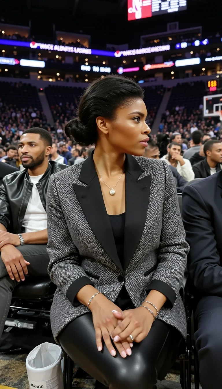 NBA Courtside Glamour
Shot on Sony A1, 24-70mm f/2.8, ISO 3200, 1/1000 sec. Model in Chanel tweed blazer and leather pants at Lakers game. Light olive brown skin catching arena lighting. Courtside seat, players visible in background. Multiple light sources: overhead arena lights, courtside LED boards, camera flashes. Celebrity row visible, game action blur.
 CSTMDL