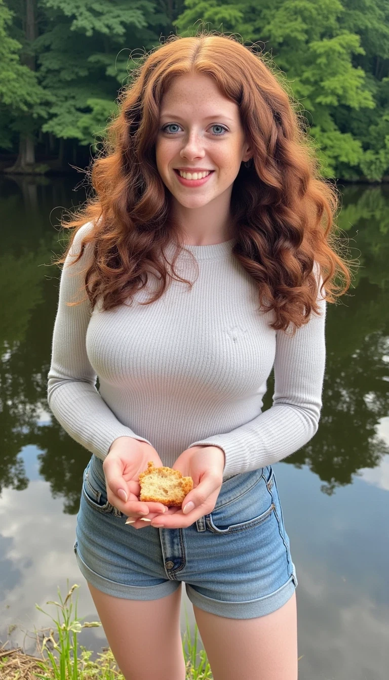 photo of woman CSTMDL, she has long curly auburn hair, very light blue eyes and fair skin. plump pink lips with a slight tint of red. she is smiling, looking away from the camera. she is a baby faced woman with striking light blue eyes and very fair skin and barely noticeable freckles and silky red auburn hair. She wears minimal makeup, with subtle mascara accentuating her long lashes and a natural red gloss on her lips while smiling 
A cute girl with curly red auburn hair, pin-straight hair stands at the edge of a tranquil pond, surrounded by the soft colors of nature. Her hair falls neatly down her back, catching glints of sunlight that make it almost shimmer like gold. She’s wearing a light pastel sweater and denim shorts, dressed casually but neatly, with a peaceful air about her.

In her hands, she gently crumbles bits of bread or bird feed, tossing them into the water with care. A group of ducks paddle eagerly toward her, rippling the surface of the calm water as they go. Some flap their wings gently or dip their beaks under the surface, while others already cluster near the shore, waiting for more.

The pond reflects the soft blue of the sky and the surrounding greenery, with patches of reeds and lily pads decorating the water’s edge. Sunlight filters through the trees above, casting dappled patterns on the girl and the ducks.

Her expression is calm and gentle, maybe even smiling slightly—completely absorbed in the moment. The whole scene gives off a serene, storybook-like feel, as if time has slowed just for this quiet interaction between girl and nature.
she is looking at the ducks, she is feeding ducks, her eyes are on the ducks
